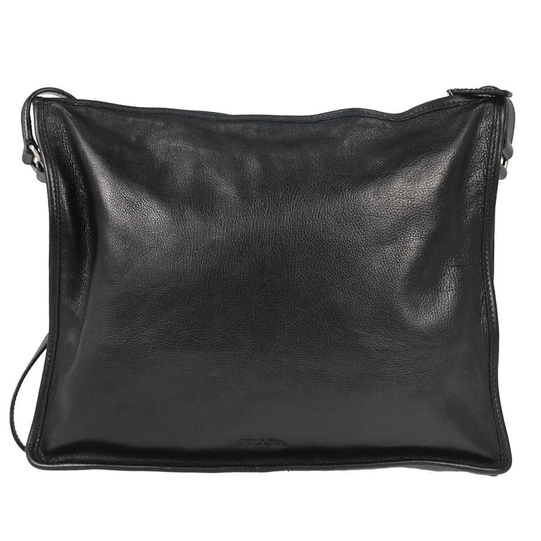 Prada Messenger Shoulder Bag Black Leather Medium Italy: Prada Messenger Shoulder Bag Black Leather Medium Italy Prada black leather shoulder bag in a medium size with logo accent and an interior zipper pocket. Made in Italy, this women's bag has a structur