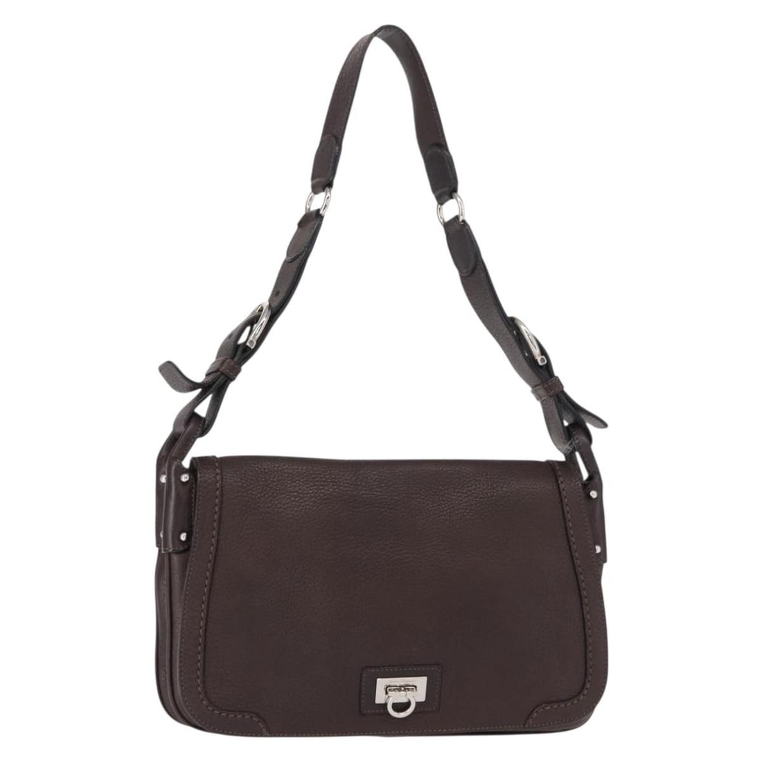 Salvatore Ferragamo Gancini Dark Brown Leather Shoulder Bag Auth 153981: Salvatore Ferragamo Gancini Dark Brown Leather Shoulder Bag Auth 153981 Discover the elegance of the Salvatore Ferragamo Gancini Shoulder Bag, crafted from luxurious dark brown leather with silver acc