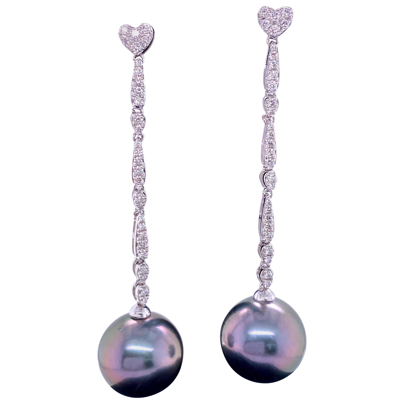 Harbor Diamonds Tahitian Pearl Diamond Heart Drop Earrings 0.47ct 18K White Gold: Harbor Diamonds Tahitian Pearl Diamond Heart Drop Earrings 0.47ct 18K White Gold These exquisite drop earrings are crafted in 18K white gold and showcase two stunning Tahitian pearls, each measuring 1