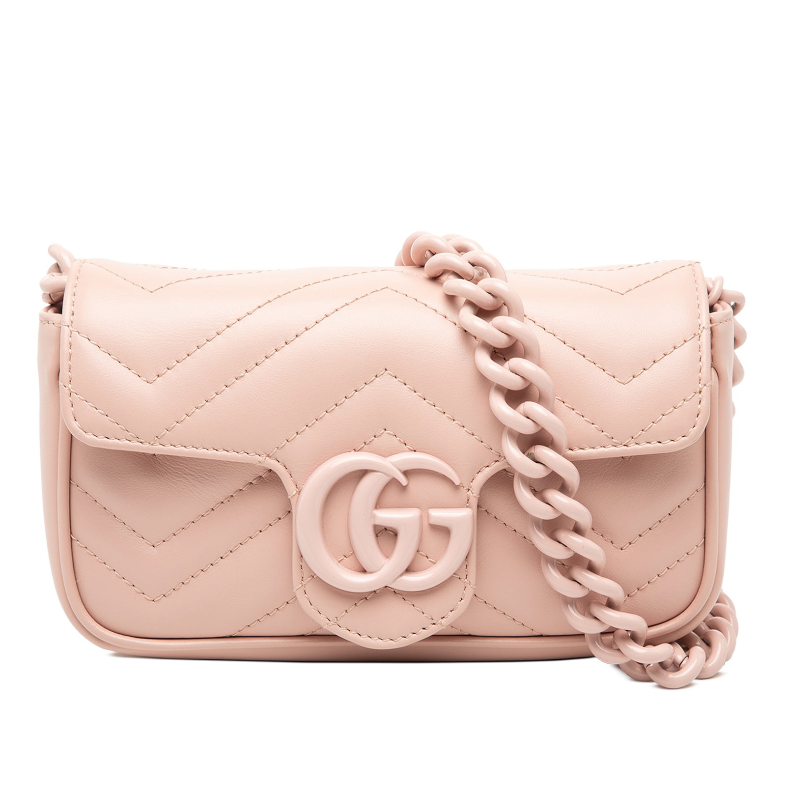 Gucci GG Marmont Pink Quilted Chain Belt Bag: Gucci GG Marmont Pink Quilted Chain Belt Bag This Gucci GG Marmont Matelasse Leather Monochrome Chain Belt Bag features a quilted leather body in pink, complemented by a chain waist strap and a front 