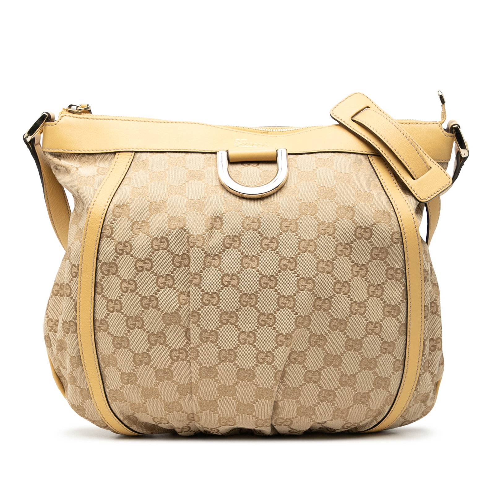 GG Canvas Abbey D Ring Brown Crossbody Bag by Gucci: GG Canvas Abbey D Ring Brown Crossbody Bag by Gucci This Gucci GG Canvas Abbey D Ring Crossbody features a canvas body with leather trim, a flat leather strap, a top zip closure, and an interior zip p