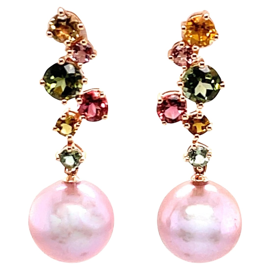 Harbor Diamonds 18k Rose Gold Multi Color Tourmaline Pearl Dangle Earrings: Harbor Diamonds 18k Rose Gold Multi Color Tourmaline Pearl Dangle Earrings This exquisite dangle earring features a stunning design crafted from 18k rose gold, showcasing a vibrant combination of mult