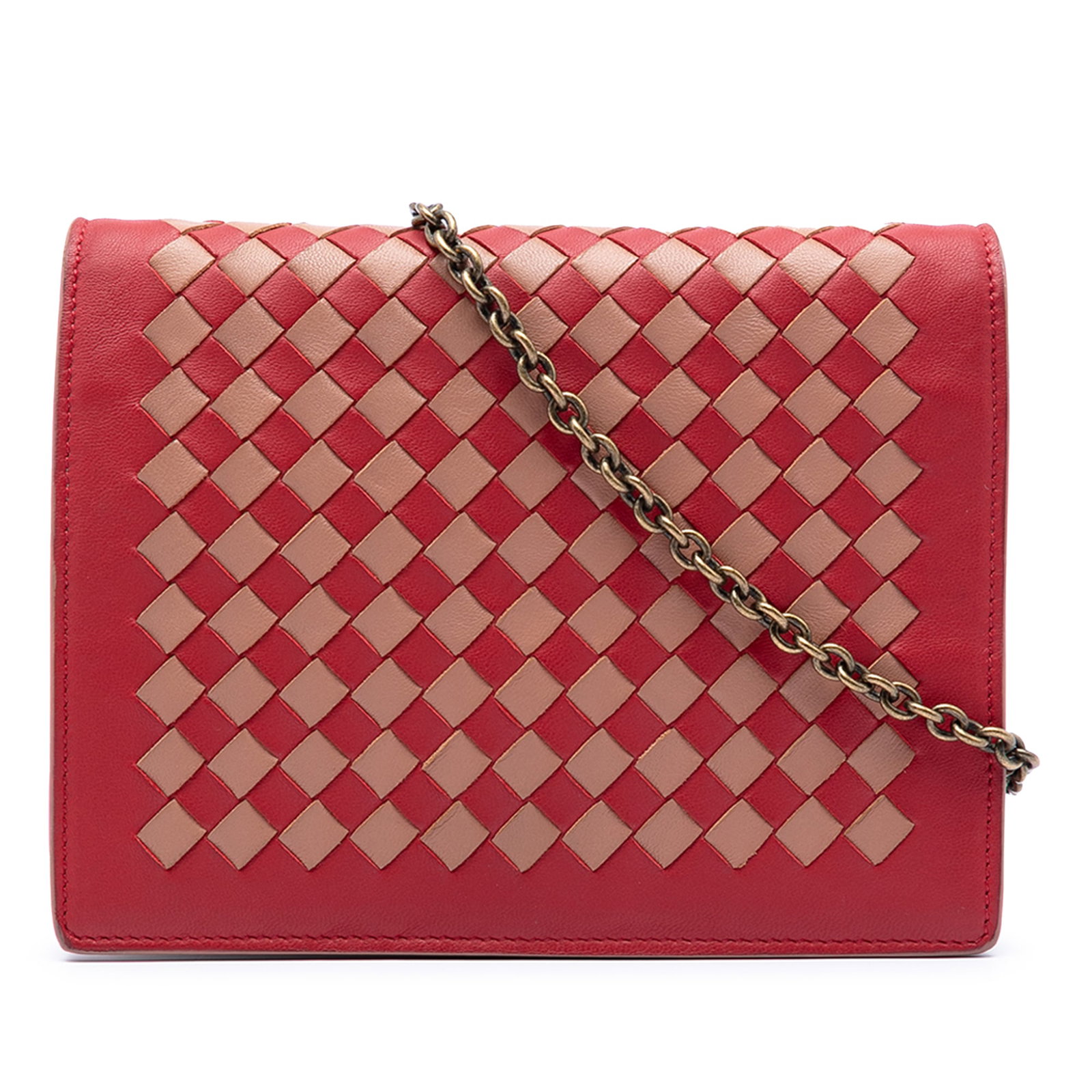 Bottega Veneta Intrecciato Nappa Leather Chain Wallet Crossbody: Bottega Veneta Intrecciato Nappa Leather Chain Wallet Crossbody Bottega Veneta Nappa Intrecciato Wallet on Chain in red woven nappa leather. This crossbody bag features a chain-link strap, a front fla
