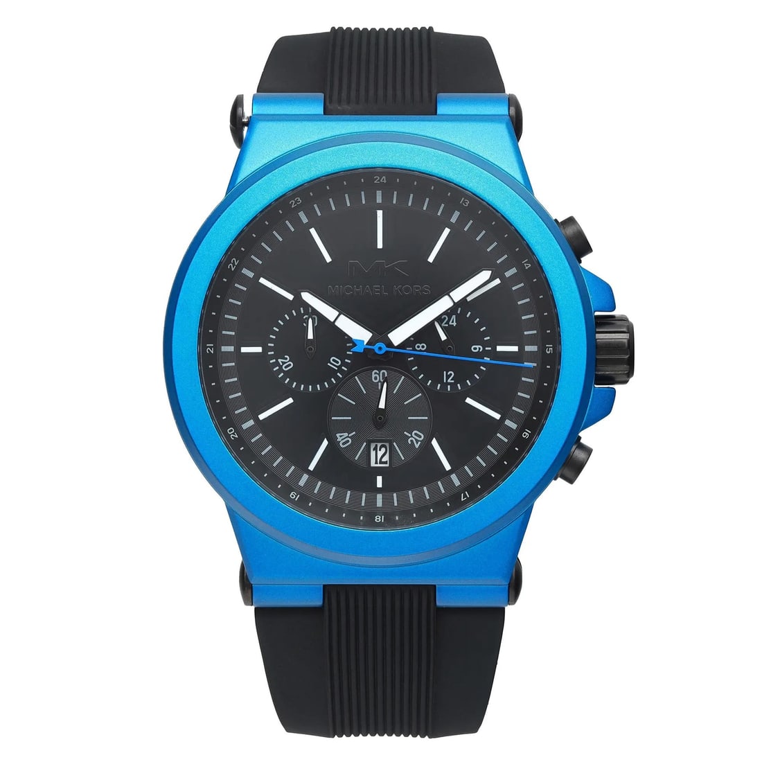Michael Kors Dylan Men's Watch Blue Steel Black Dial Rubber Strap MK8761: Michael Kors Dylan Men's Watch Blue Steel Black Dial Rubber Strap MK8761 Elevate your casual style with the Michael Kors Dylan Blue Steel Men's Watch, featuring a striking black dial and durable rubbe