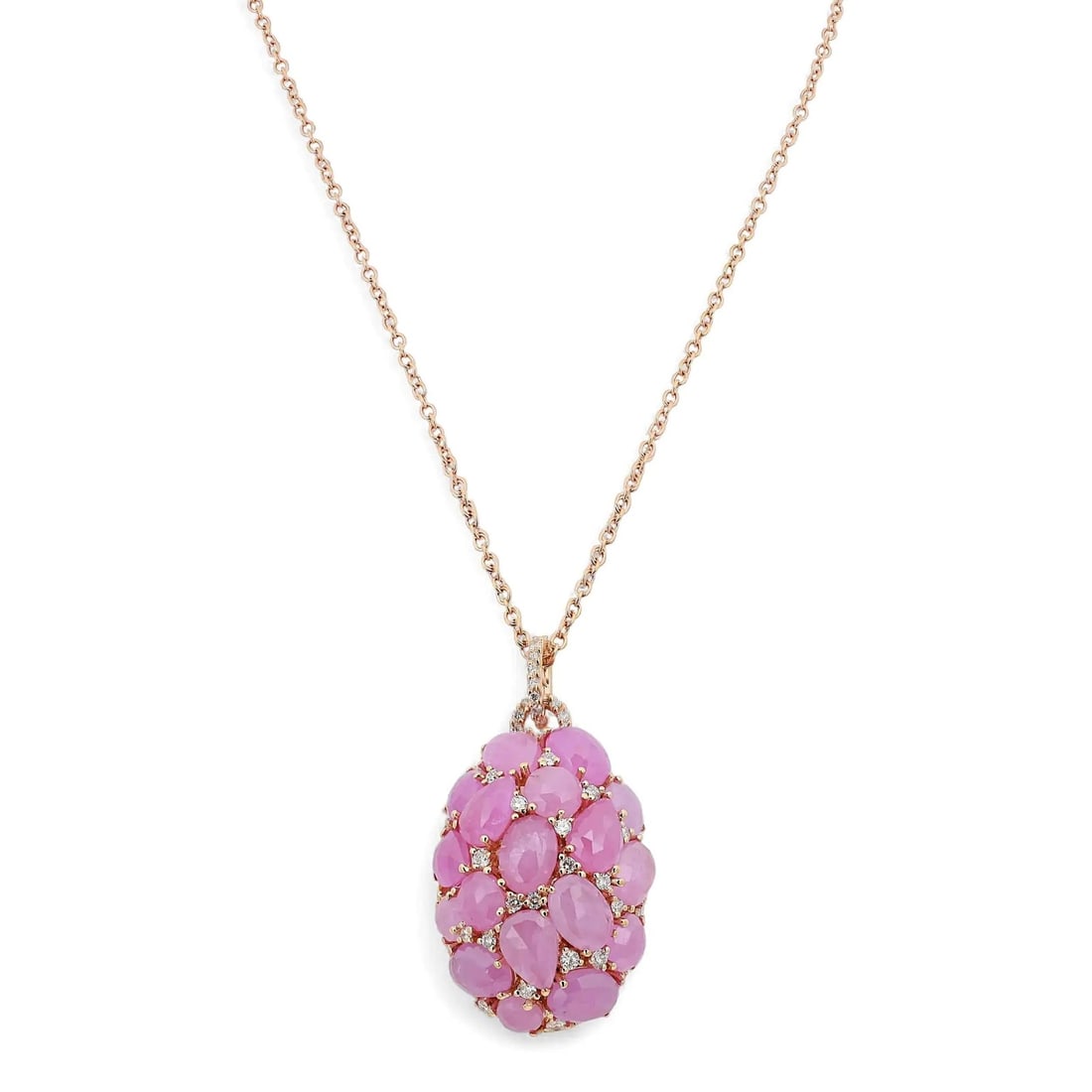 Giovanni Ferraris 18k Rose Gold Pink Sapphire Diamond Pendant Necklace: Giovanni Ferraris 18k Rose Gold Pink Sapphire Diamond Pendant Necklace This Giovanni Ferraris pendant necklace is crafted in 18k rose gold and features a bold cluster pendant adorned with richly hued 