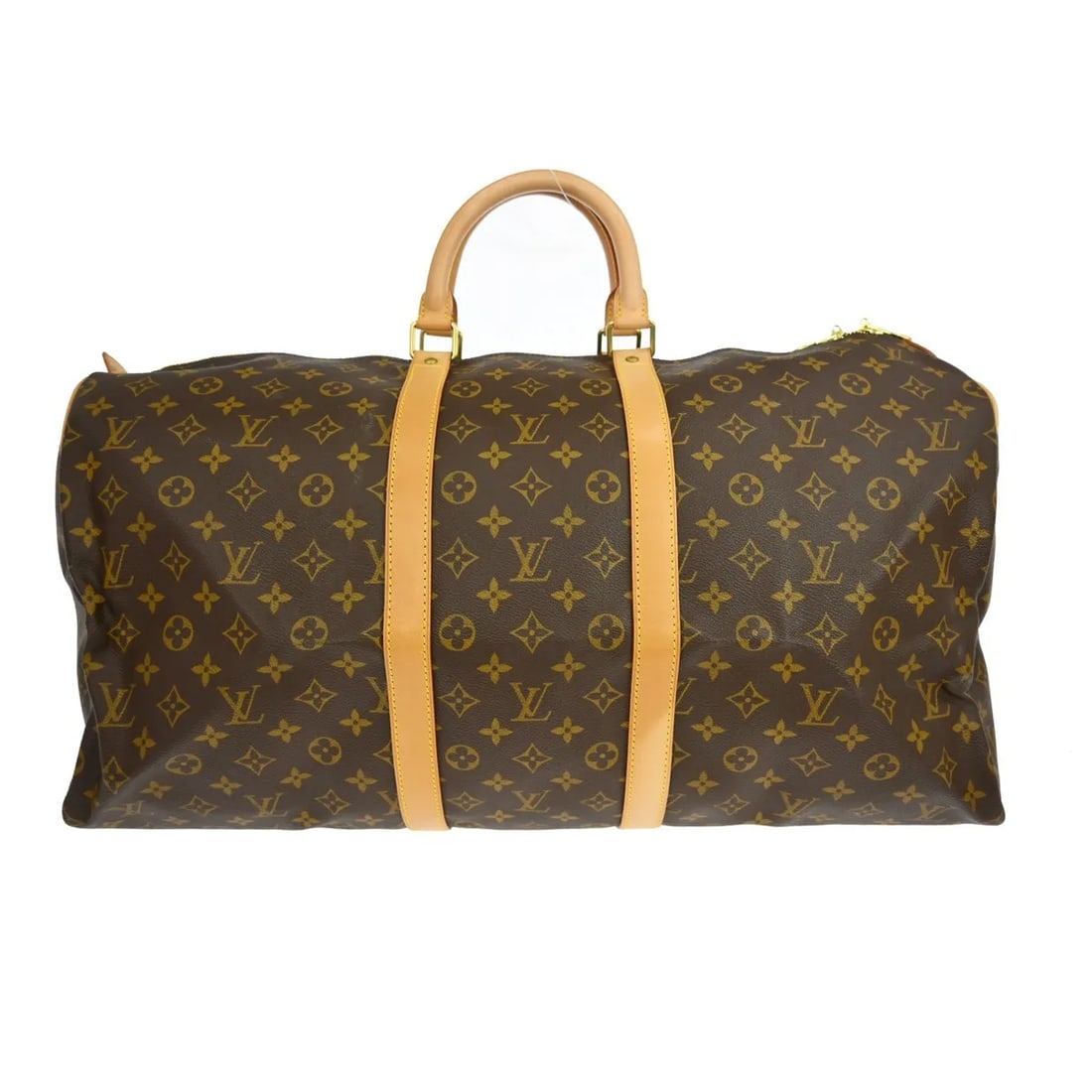 Louis Vuitton Keepall Travel Bag in Brown Monogram Canvas: Louis Vuitton Keepall Travel Bag in Brown Monogram Canvas Louis Vuitton Keepall in brown monogram canvas. This unisex travel bag is in very good condition with visible wear, including scuffs, scratche