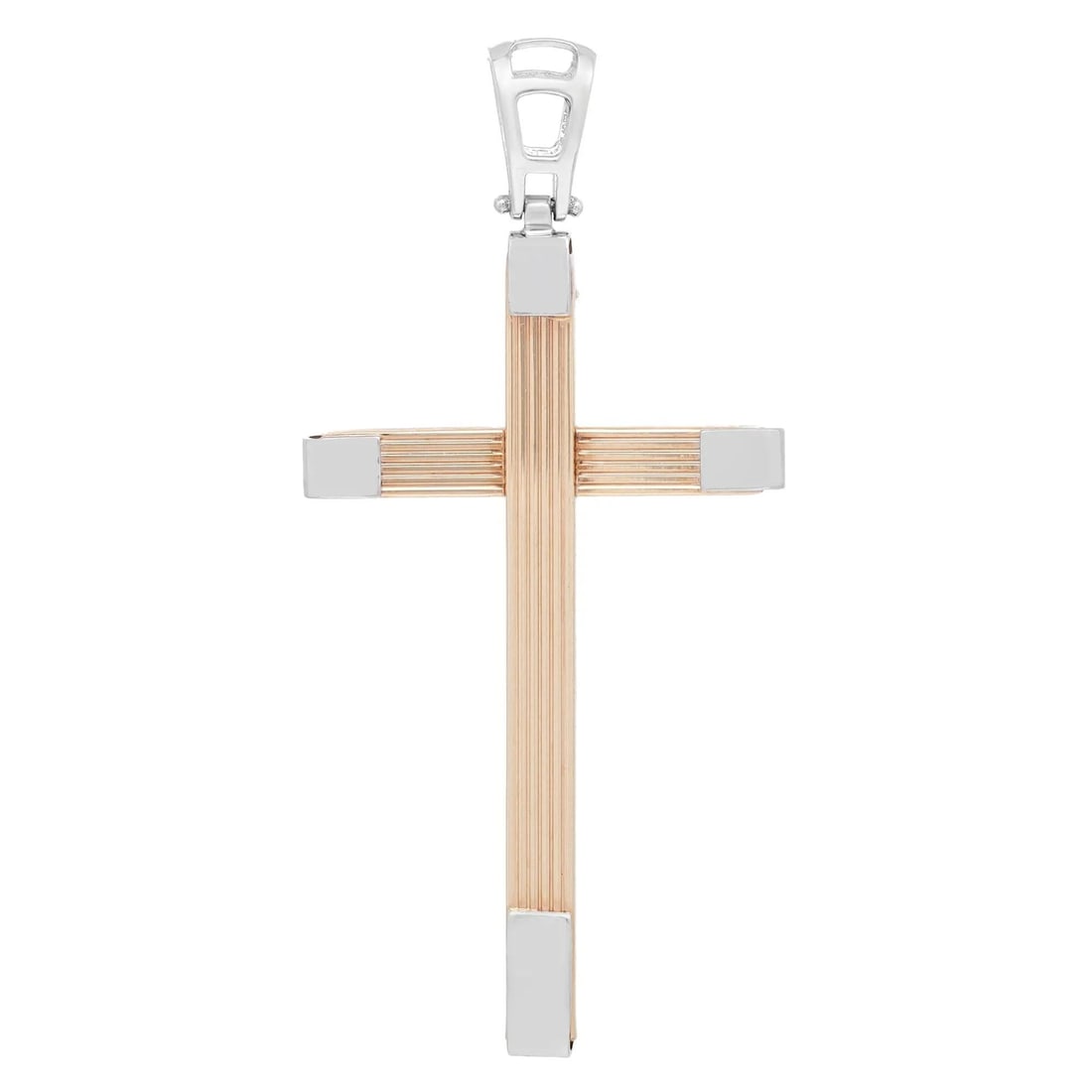Rachel Koen 14K Two Tone Cross Pendant Ribbed Design: Rachel Koen 14K Two Tone Cross Pendant Ribbed Design This elegant cross pendant by Rachel Koen is crafted from 14K yellow and white gold, featuring a multi-striped textured design with white gold edge