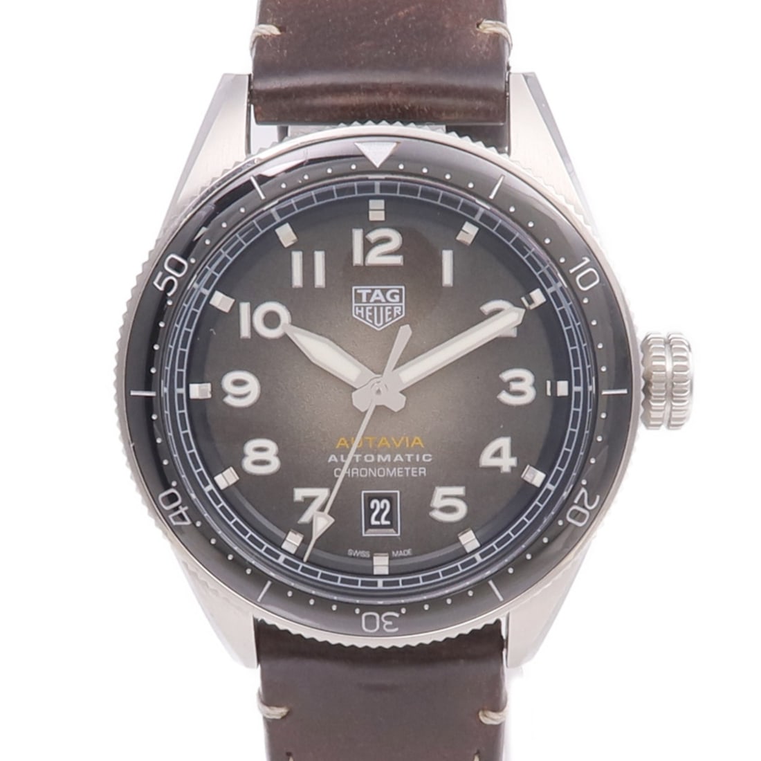 TAG HEUER Autavia Stainless Steel Automatic Wristwatch Smoky Gray Dial: TAG HEUER Autavia Stainless Steel Automatic Wristwatch Smoky Gray Dial This TAG Heuer Autavia WBE5114.FC8266 is an automatic wristwatch crafted from stainless steel. It features a smoky grey dial and 