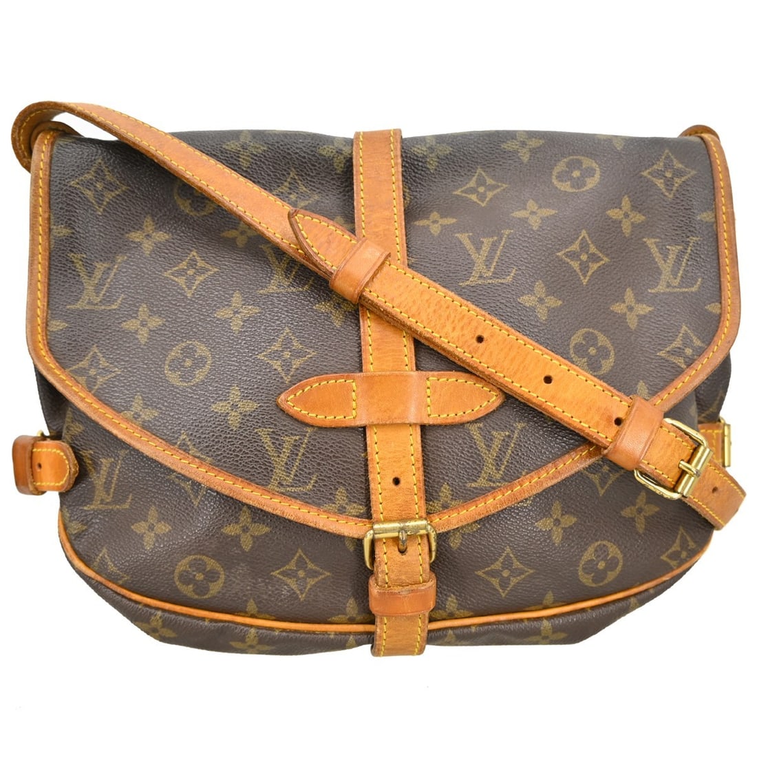 Louis Vuitton Saumur 30 Monogram Canvas Shoulder Bag M42256: Louis Vuitton Saumur 30 Monogram Canvas Shoulder Bag M42256 Vintage Louis Vuitton Saumur 30 shoulder bag in brown Monogram canvas and leather. This medium bag features a buckle flap closure, brown lin