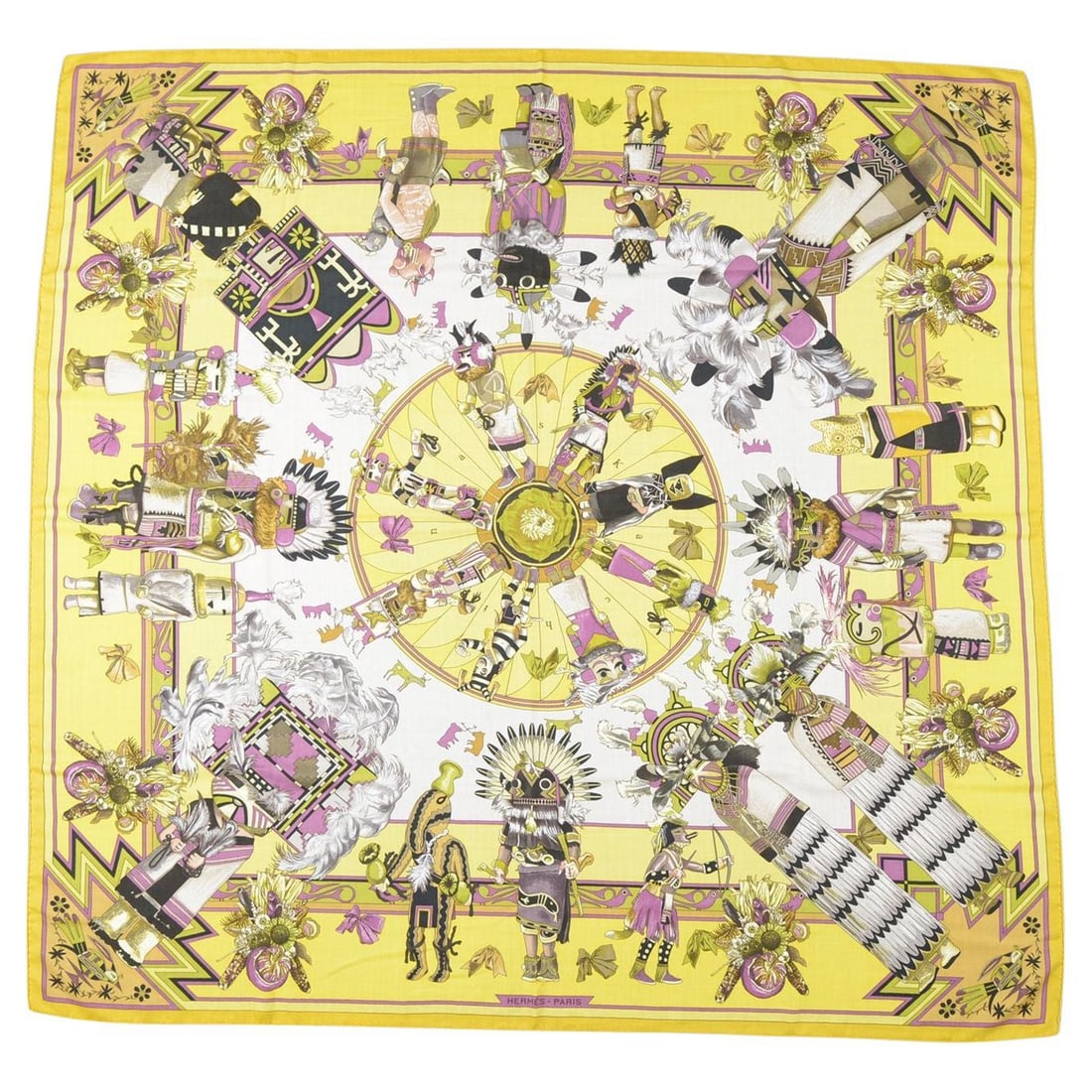Hermes Kachinas Yellow Cashmere Silk Shawl Designed by Kermit Oliver: Hermes Kachinas Yellow Cashmere Silk Shawl Designed by Kermit Oliver This Hermes "Kachinas" shawl features a vibrant yellow colorway and is crafted from a luxurious blend of 100% silk and cashmere. De