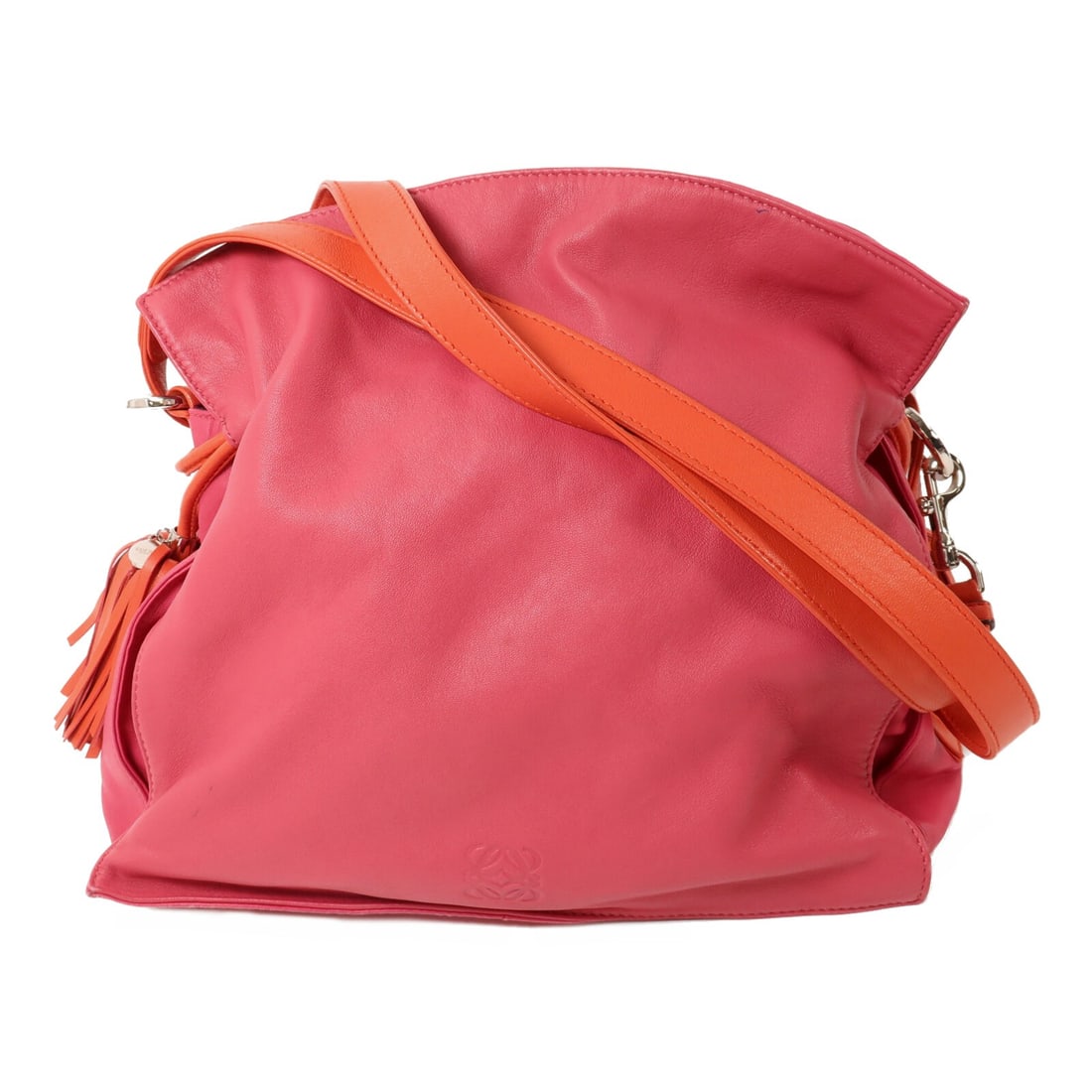 LOEWE Flamenco Tassel Pink Lambskin Shoulder Bag: LOEWE Flamenco Tassel Pink Lambskin Shoulder Bag This LOEWE Flamenco Tassel shoulder bag is crafted from luxurious lambskin leather in a striking pink hue with red accents. Designed for women, it feat
