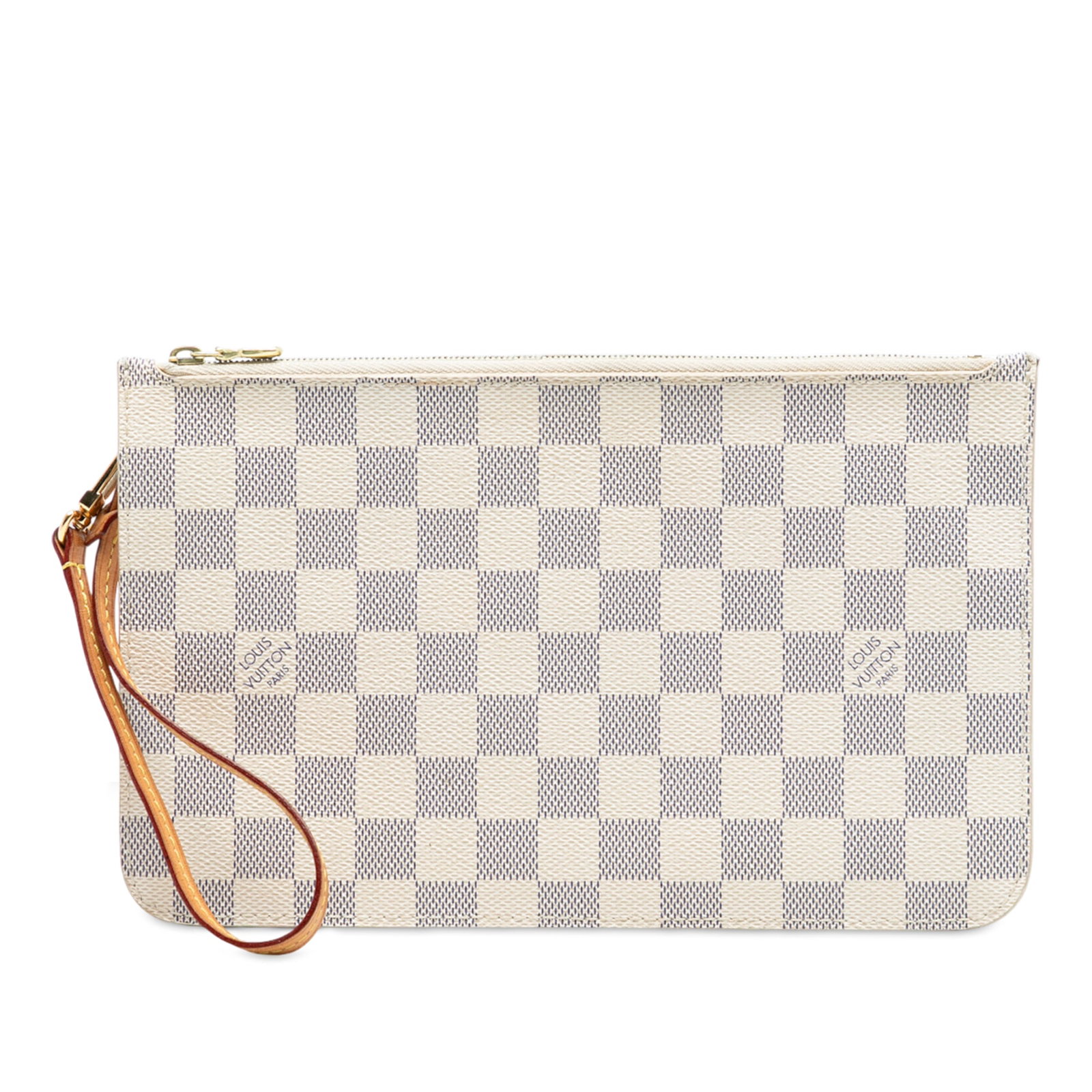 Louis Vuitton Neverfull MM Damier Azur Canvas Wristlet Pouch: Louis Vuitton Neverfull MM Damier Azur Canvas Wristlet Pouch This Louis Vuitton Damier Azur Neverfull MM Pouch features the iconic damier azur canvas with a flat vachetta leather wrist strap and a top