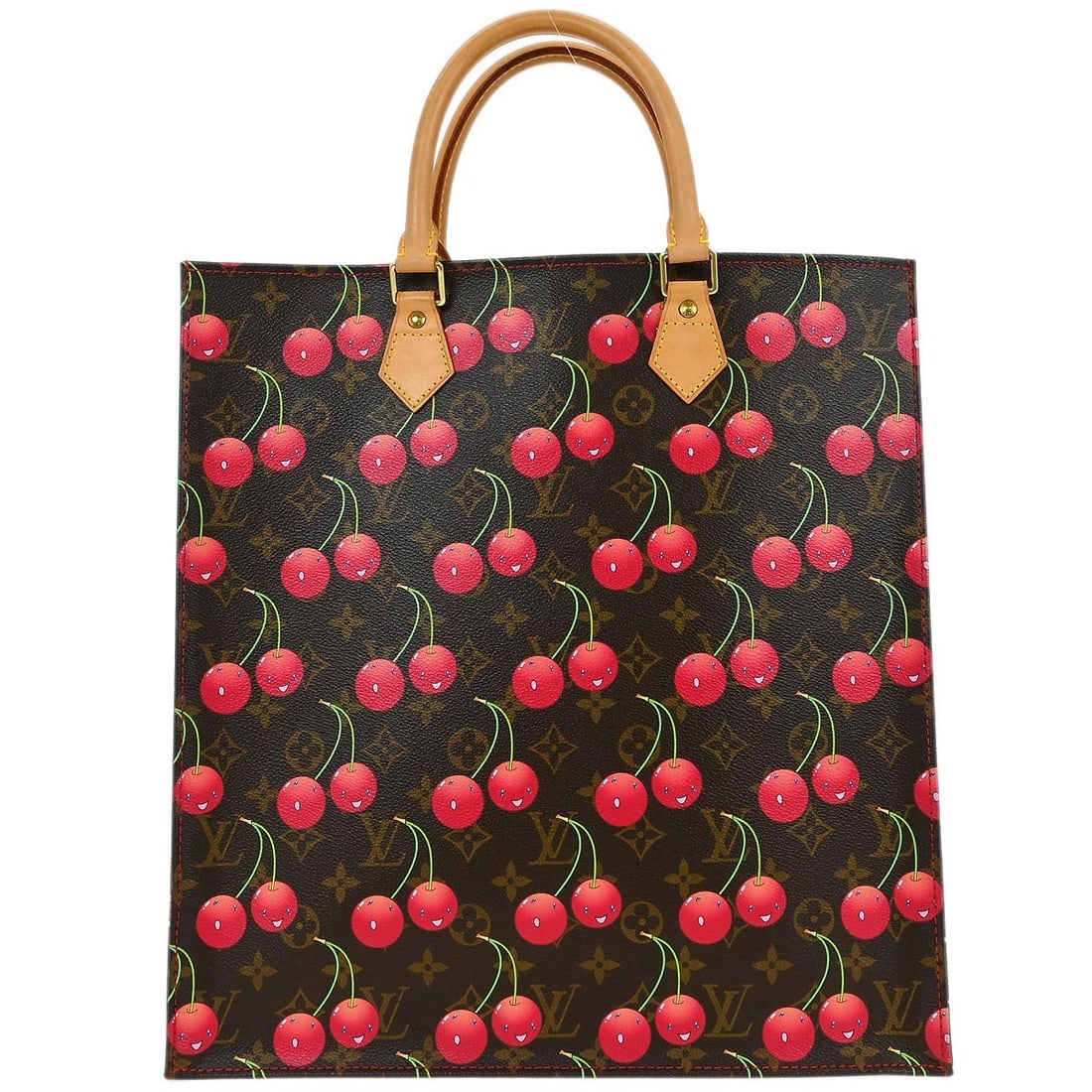 Louis Vuitton Sac Plat Monogram Cherry Canvas Tote M95010: Louis Vuitton Sac Plat Monogram Cherry Canvas Tote M95010 Louis Vuitton Sac Plat tote handbag in Monogram Cherry canvas with leather trim and a brown and red colorway. This medium open-top bag feature