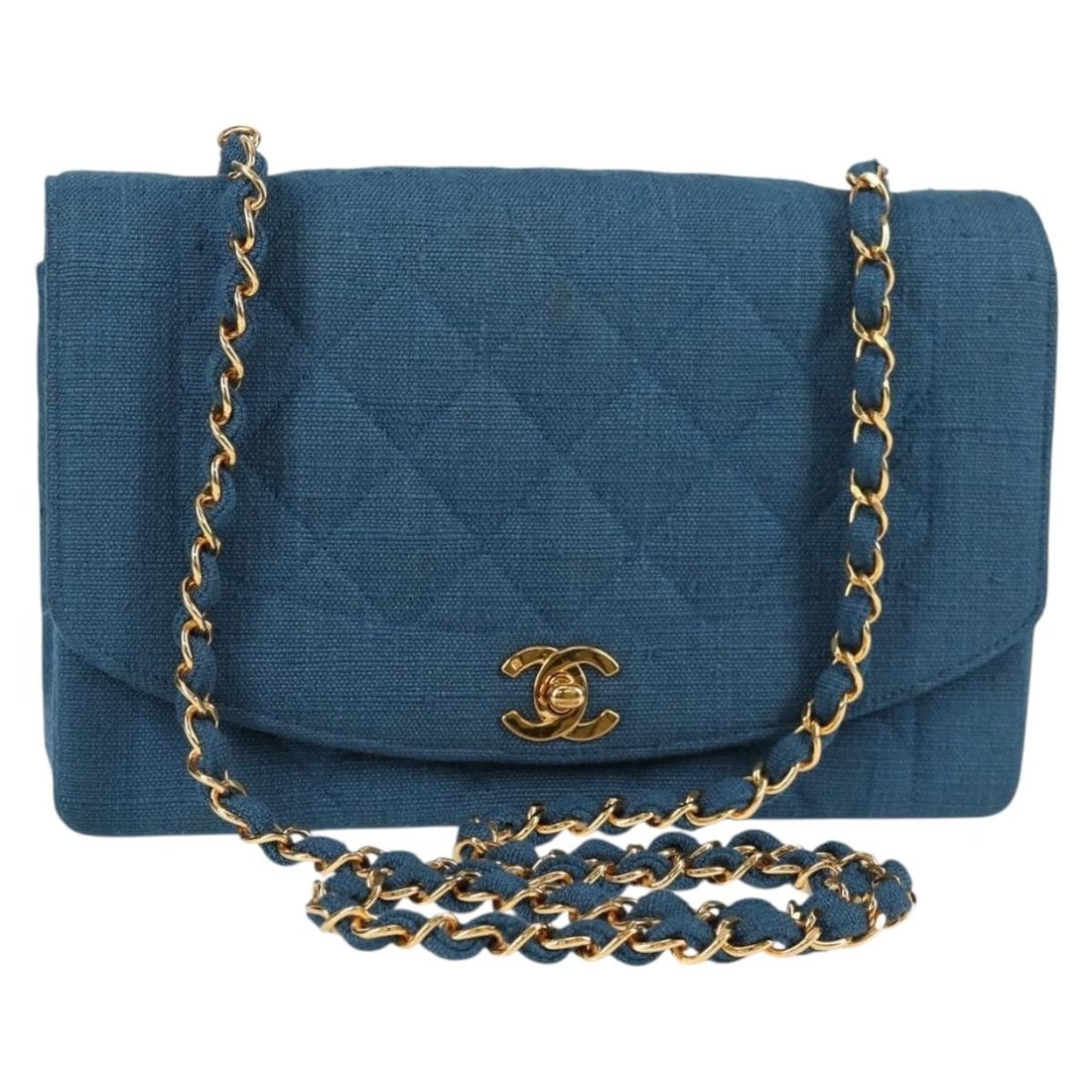 CHANEL Diana Canvas Shoulder Bag Blue with Gold CC: CHANEL Diana Canvas Shoulder Bag Blue with Gold CC CHANEL Diana Flap chain shoulder bag in blue canvas with gold-tone CC detailing. Made in France, this women's shoulder bag includes the item box and 