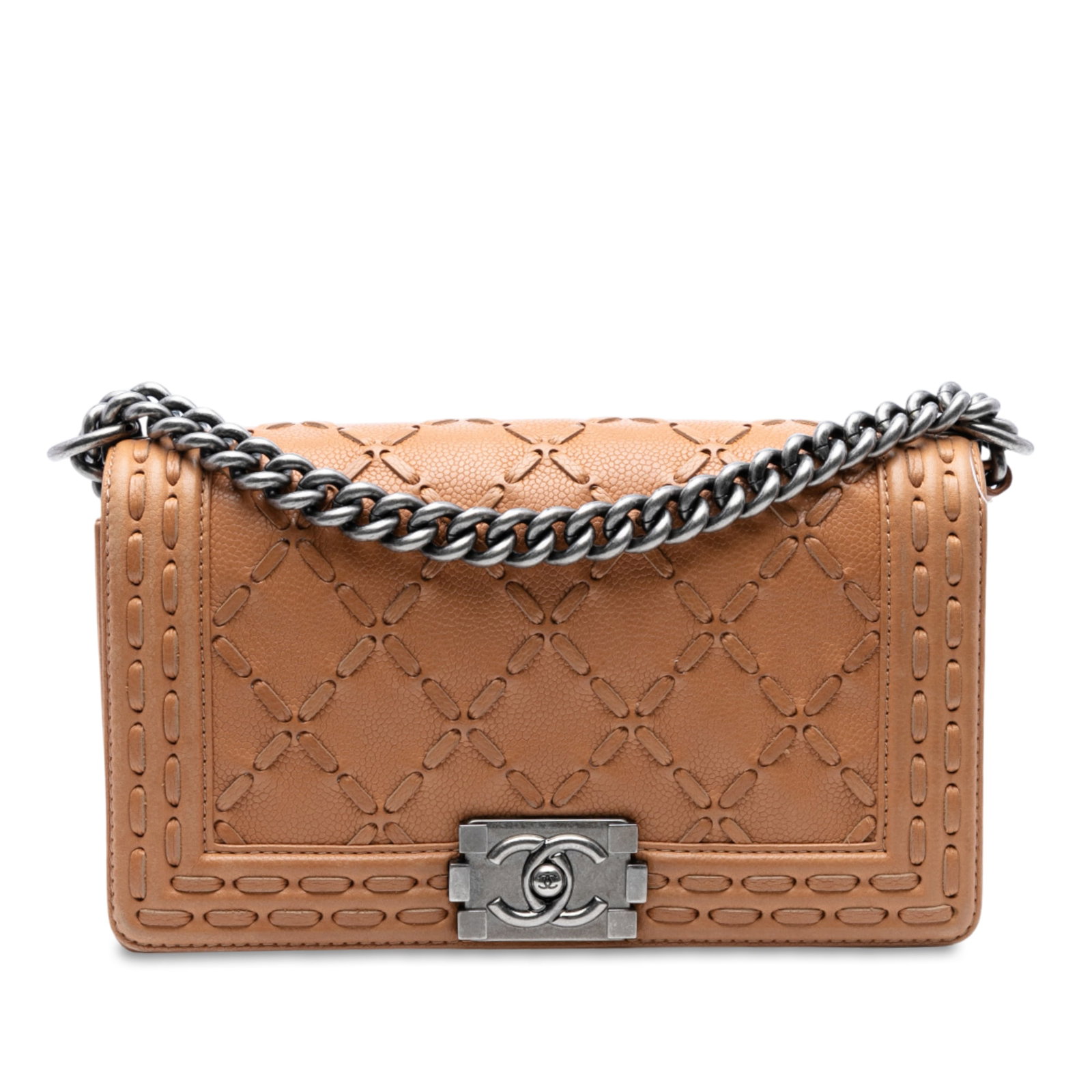 Chanel Medium Caviar Boy Flap Crossbody Bag Brown: Chanel Medium Caviar Boy Flap Crossbody Bag Brown This Chanel Medium Caviar Stitched Boy Flap crossbody bag showcases a luxurious caviar leather body, complemented by a stylish curb chain link strap f