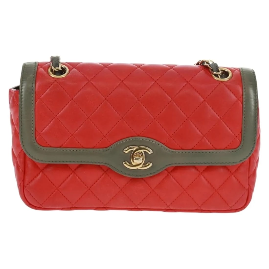 Chanel Red Quilted Lambskin Two Tone Flap Shoulder Bag: Chanel Red Quilted Lambskin Two Tone Flap Shoulder Bag This Chanel Two Tone Flap Bag is crafted from quilted lambskin leather in red and designed for women. The bag features a classic flap style with 