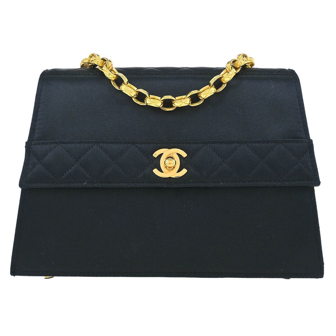 CHANEL Single Chain Shoulder Bag Black Quilted Satin Flap Turnlock: CHANEL Single Chain Shoulder Bag Black Quilted Satin Flap Turnlock Chanel black satin shoulder bag with a quilted Matelasse pattern and flap turnlock closure. This women's medium bag features a single