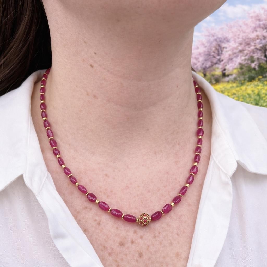 Natural Ruby Bead Necklace 20 Inch With 18k Yellow Gold Spacers GIA Certified: Natural Ruby Bead Necklace 20 Inch With 18k Yellow Gold Spacers GIA Certified This 20-inch vintage necklace features 58 natural, genuine ruby beads in freeform shapes, each with a vibrant red color. T
