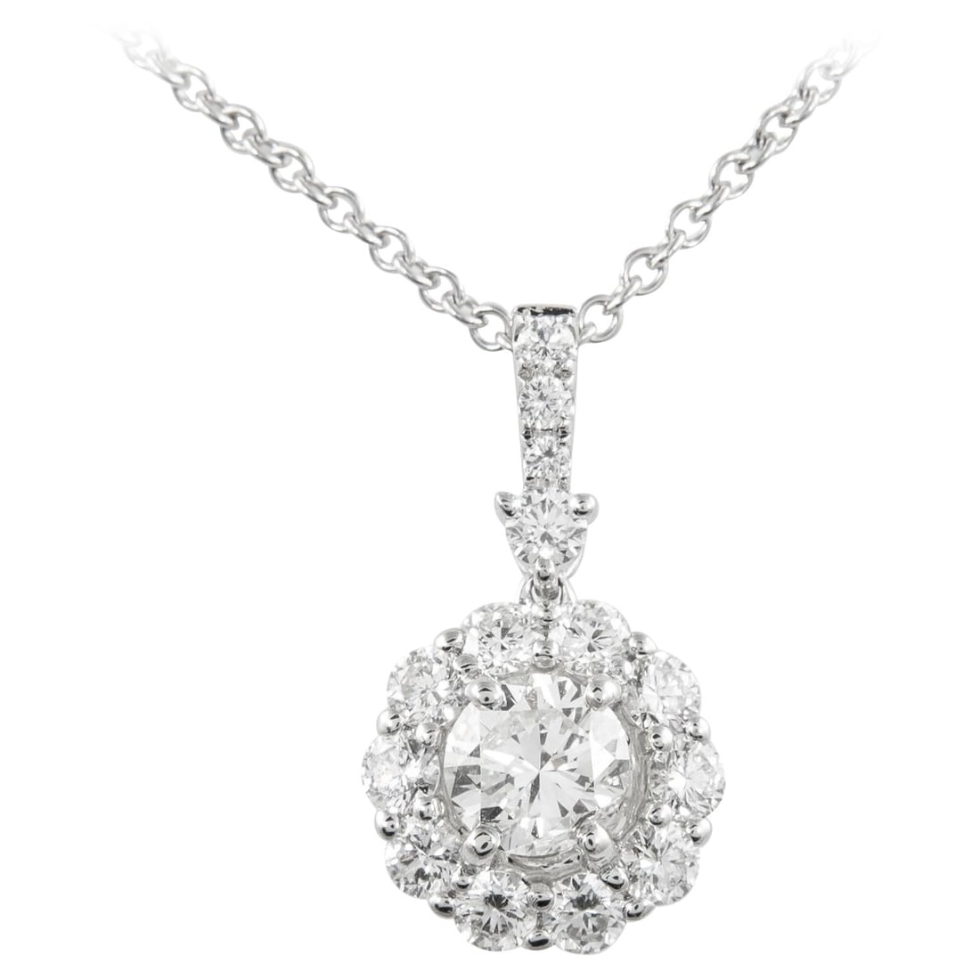 1.88ct Round Diamond Halo Pendant Necklace in 18k White Gold: 1.88ct Round Diamond Halo Pendant Necklace in 18k White Gold This exquisite pendant necklace features a stunning 1.88-carat round diamond with a halo, elegantly crafted in 18k white gold. The centerpi