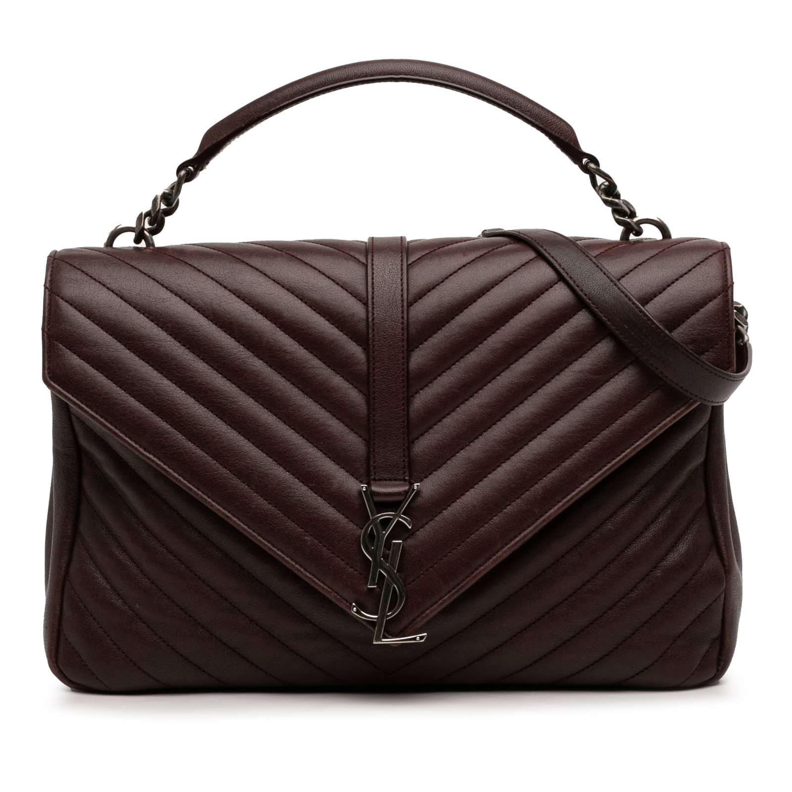 Saint Laurent College Satchel Large Red Chevron Sheepskin Bag: Saint Laurent College Satchel Large Red Chevron Sheepskin Bag Saint Laurent College satchel in red quilted sheepskin with chevron monogram styling. This large satchel features a flat leather top handl