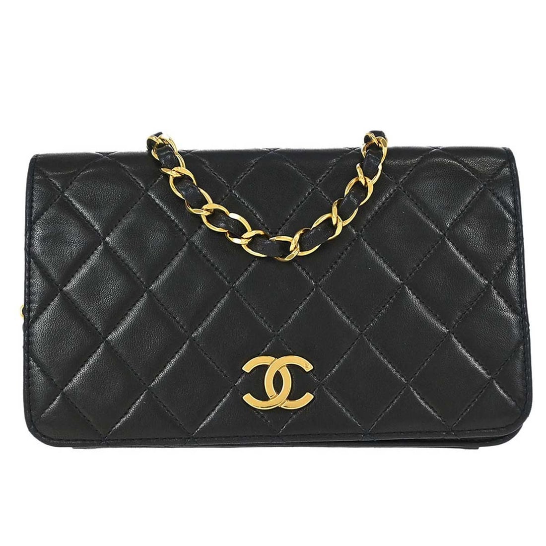 CHANEL Full Flap Mini Shoulder Bag Black Lambskin Push Lock: CHANEL Full Flap Mini Shoulder Bag Black Lambskin Push Lock Chanel Full Flap shoulder bag in black lambskin leather with a matelasse quilted finish and push lock flap closure. This small women's bag f