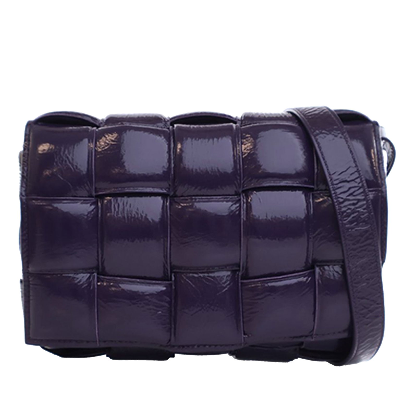 Bottega Veneta Padded Cassette Purple Leather Crossbody Bag: Bottega Veneta Padded Cassette Purple Leather Crossbody Bag This Bottega Veneta Patent Intrecciato Padded Cassette Crossbody features a distinctive woven leather design, a flat leather strap, a front 