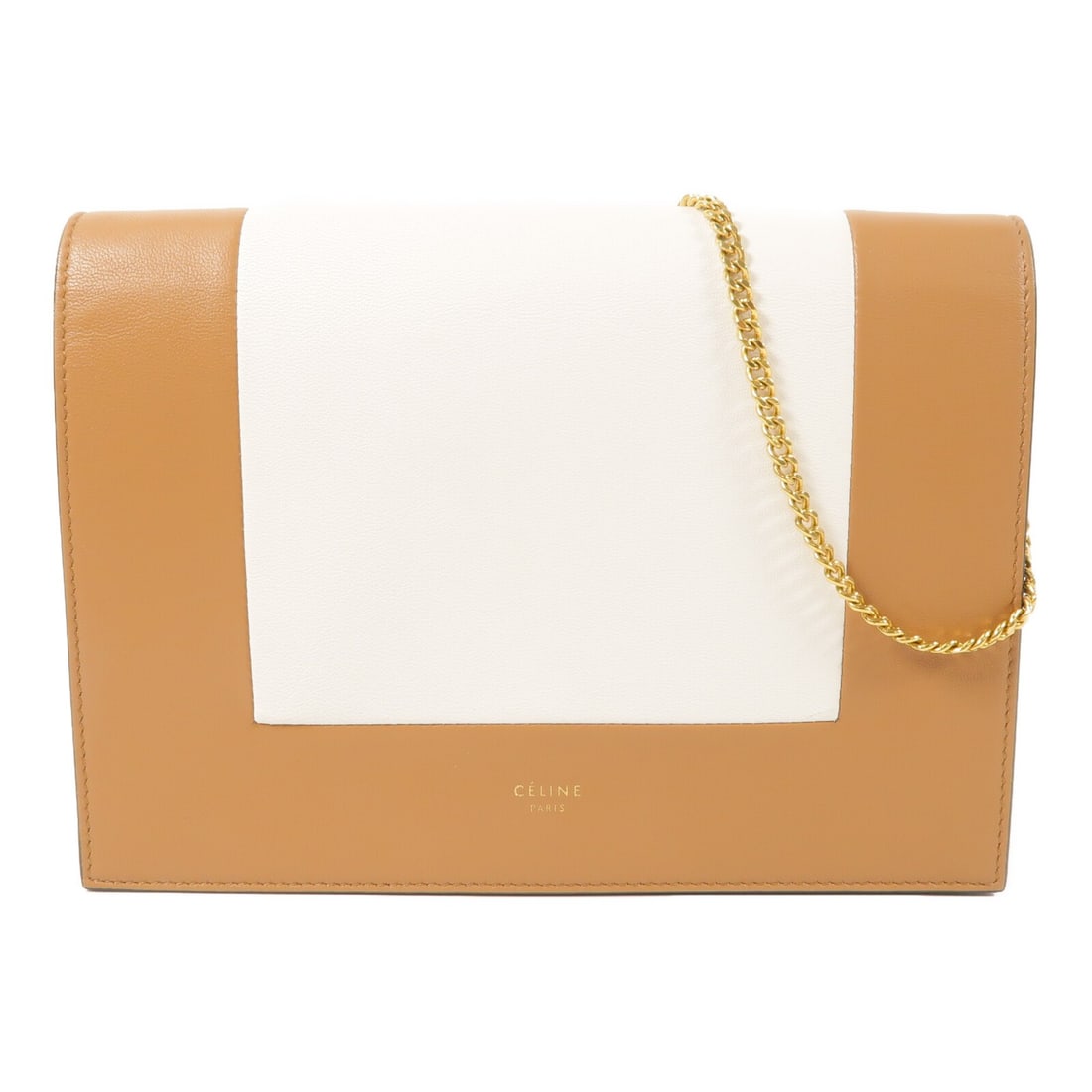 Celine Frame Wallet Chain Shoulder Bag Brown Calfskin Leather Gold Hardware: Celine Frame Wallet Chain Shoulder Bag Brown Calfskin Leather Gold Hardware This CELINE shoulder bag features a frame wallet on chain design, crafted from brown and white calfskin leather. The bag inc