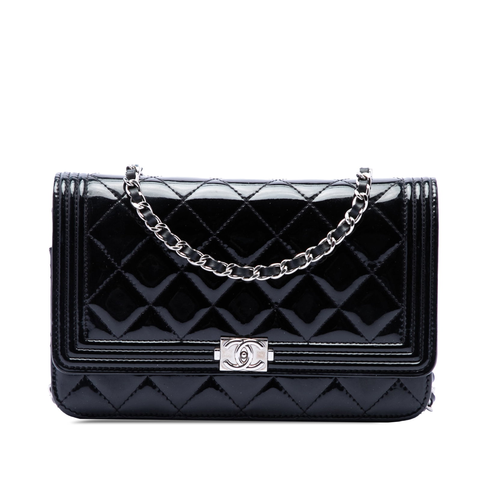 Chanel Boy Wallet on Chain in Black Quilted Patent Leather: Chanel Boy Wallet on Chain in Black Quilted Patent Leather Chanel Boy Wallet on Chain in black quilted patent leather. This wallet-on-chain style features a leather-woven chain strap, a flap with snap