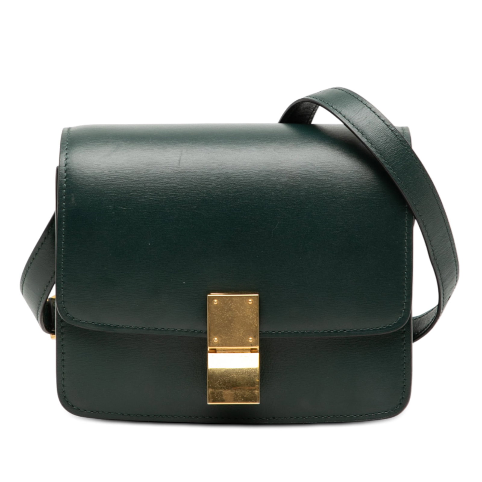 Celine Classic Box Small Green Leather Crossbody Bag: Celine Classic Box Small Green Leather Crossbody Bag This Celine Small Calfskin Classic Box is a crossbody bag crafted from leather in green. It features a flat leather strap, a front flap with a push
