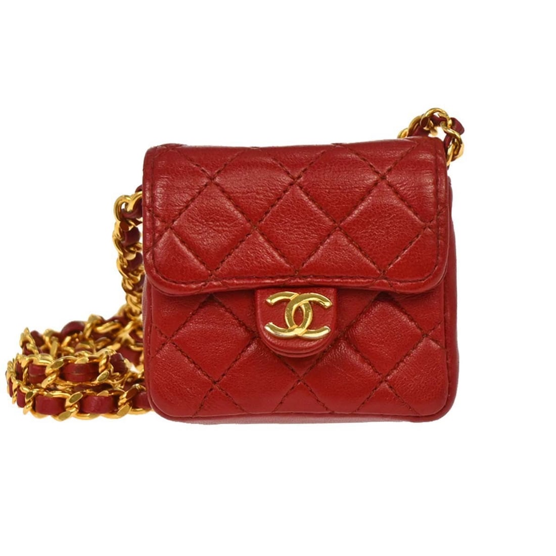 CHANEL Classic Flap Micro red lambskin mini chain shoulder bag: CHANEL Classic Flap Micro red lambskin mini chain shoulder bag Compact and iconic, this Chanel Classic Flap Micro shoulder bag pochette is crafted in red lambskin leather with matelasse quilting, logo