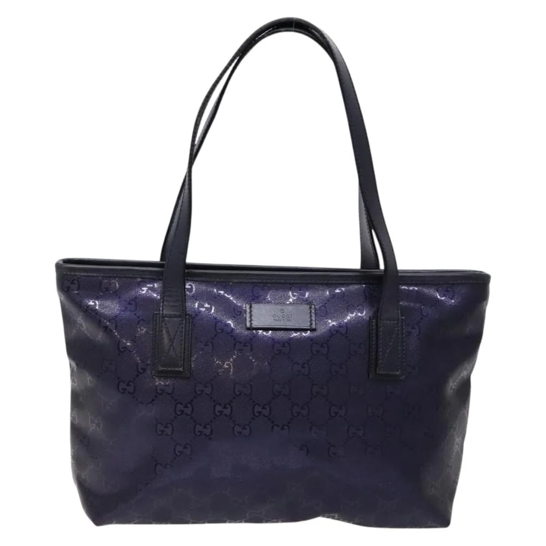 Navy Canvas Gucci Plus Tote Bag 29cm by 20cm by 8cm: Navy Canvas Gucci Plus Tote Bag 29cm by 20cm by 8cm This Gucci Plus Tote for women features a navy canvas exterior with leather handles and metal fittings. The bag shows signs of wear including slight