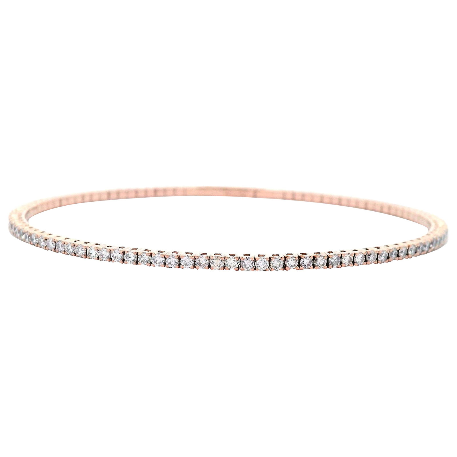 1.61ct Diamond Tennis Bangle Bracelet in 14k Rose Gold: 1.61ct Diamond Tennis Bangle Bracelet in 14k Rose Gold This exquisite modern diamond flexible tennis bangle bracelet features 93 round diamonds totaling 1.61 carats, showcasing approximately E/F color