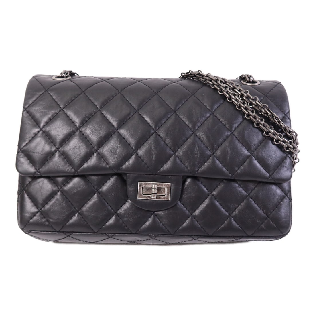 Black Calfskin 2.55 Large Shoulder Bag by CHANEL with Silver Hardware: Black Calfskin 2.55 Large Shoulder Bag by CHANEL with Silver Hardware This CHANEL CC 2.55 large chain shoulder bag features black calfskin leather with a classic design. It is equipped with silver-ton