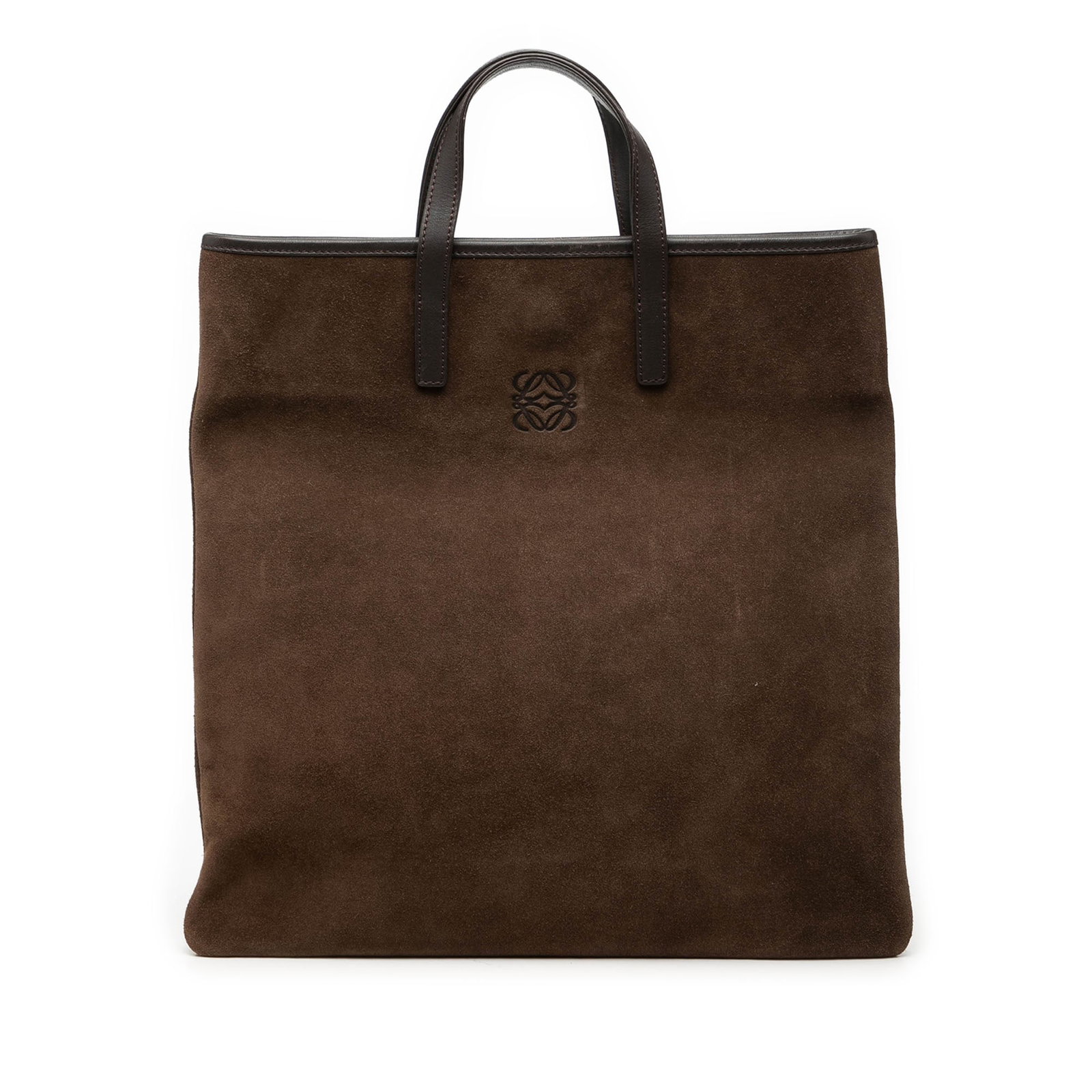 Loewe Brown Suede Leather Tote Bag with Anagram Design: Loewe Brown Suede Leather Tote Bag with Anagram Design This LOEWE Suede Anagram Tote showcases a brown suede leather body with calf leather trim, flat leather handles, and an open top with a magnetic 