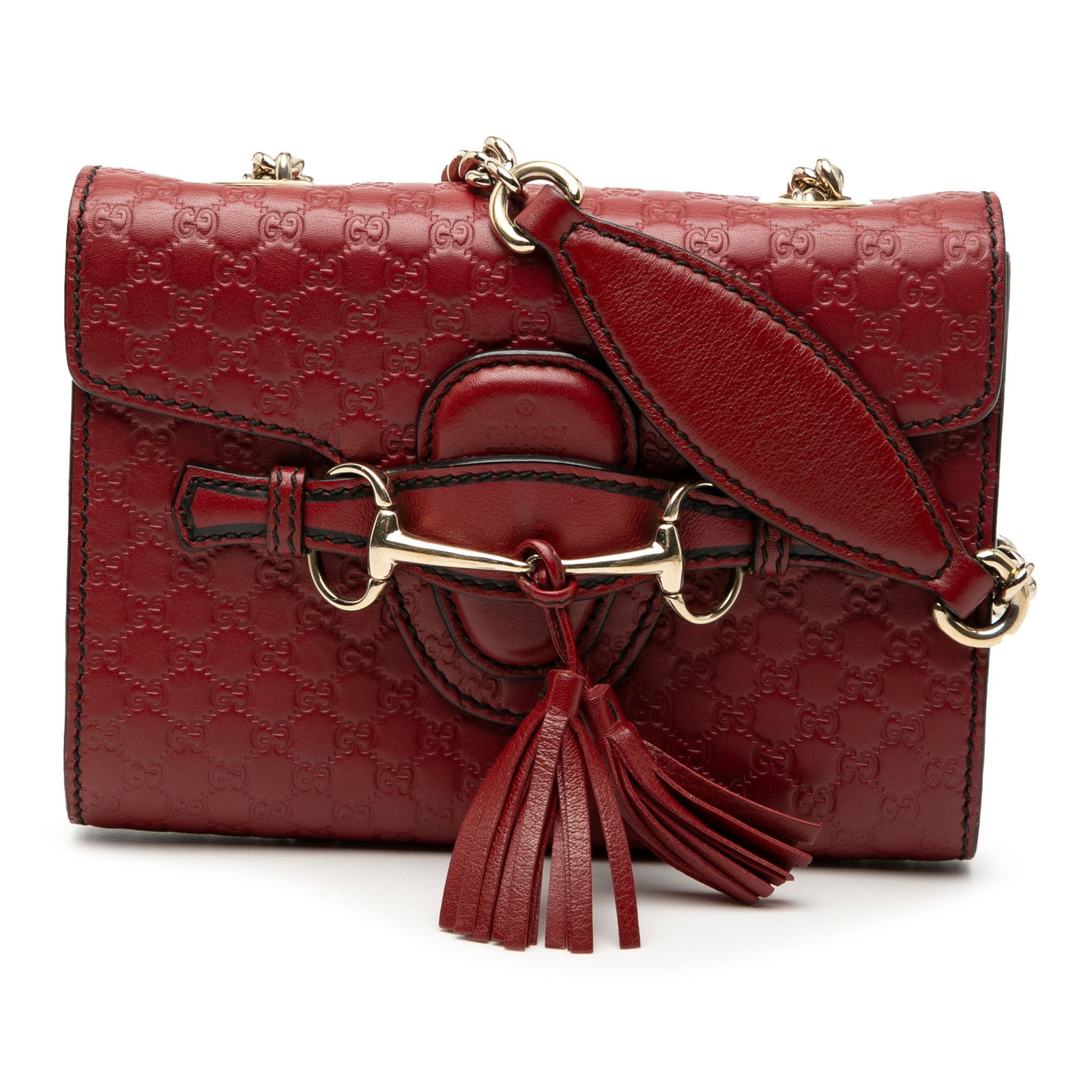 Gucci Mini Emily Red Leather Crossbody with Chain and Tassel Accent: Gucci Mini Emily Red Leather Crossbody with Chain and Tassel Accent This Gucci Mini Microguccissima Emily Crossbody features an embossed red leather body, a curb chain strap, a front flap with slip-th