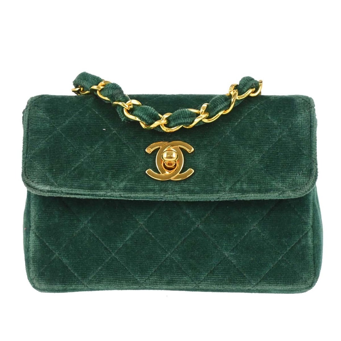 CHANEL Classic Single Flap Straight Flap Velvet Shoulder Bag Green: CHANEL Classic Single Flap Straight Flap Velvet Shoulder Bag Green Small Chanel Straight Flap shoulder bag in green velvet with a turn-lock closure and chain shoulder strap. The bag is made in France 