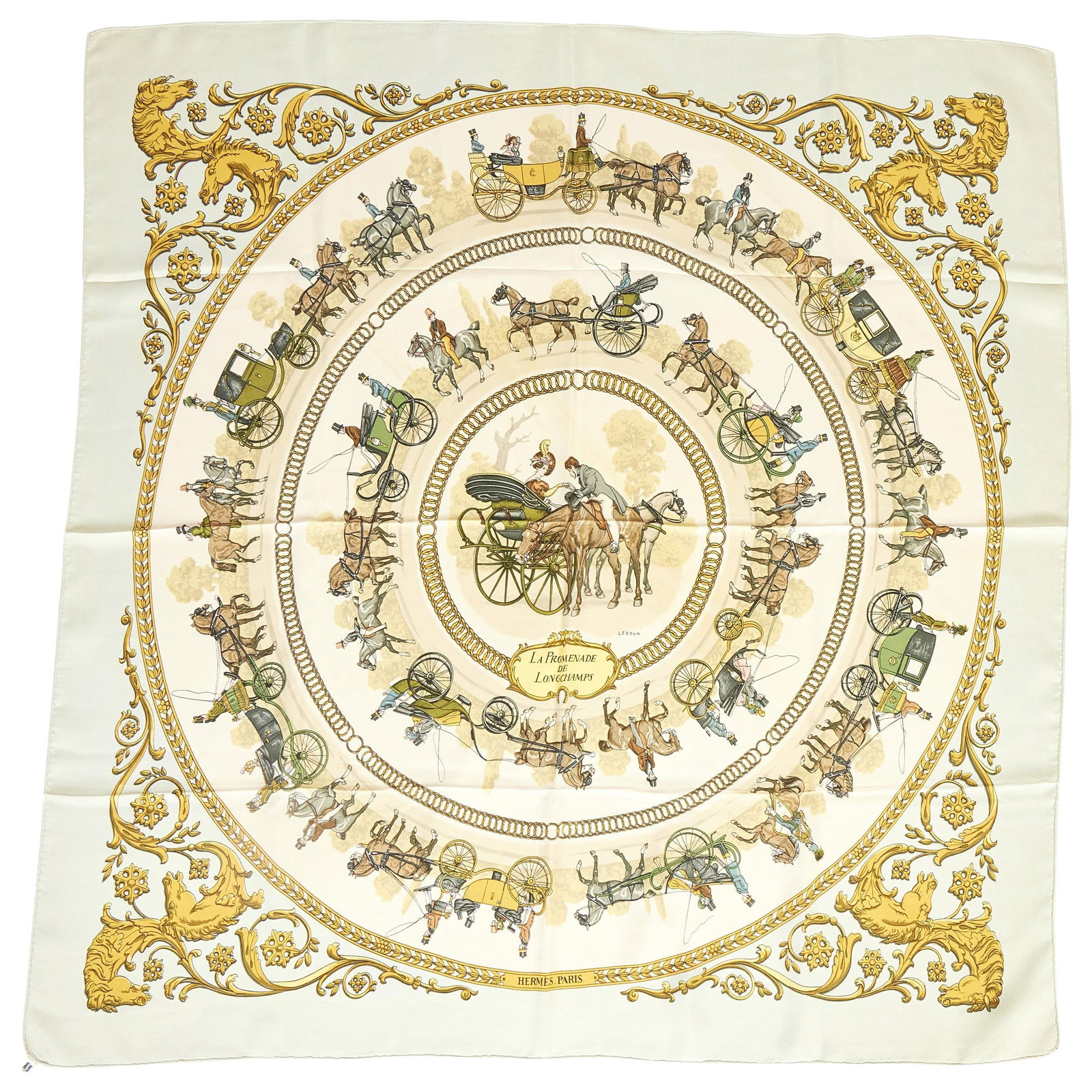 Hermes La Promenade de Longchamps Scarf by Ledoux 35in Silk Twill: Hermes La Promenade de Longchamps Scarf by Ledoux 35in Silk Twill This exquisite Hermes La Promenade de Longchamps scarf features a captivating design by the renowned artist Ledoux, originally issued 
