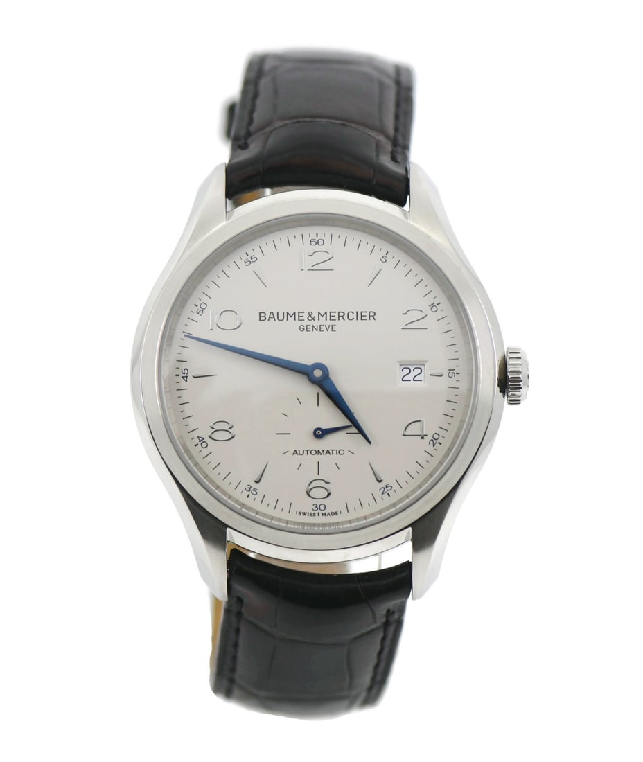 Baume Mercier Clifton Automatic Date 41mm Stainless Steel Black Leather Strap: Baume Mercier Clifton Automatic Date 41mm Stainless Steel Black Leather Strap This Baume & Mercier Clifton wristwatch features a 41mm stainless steel case with a smooth silver bezel and an exhibition 