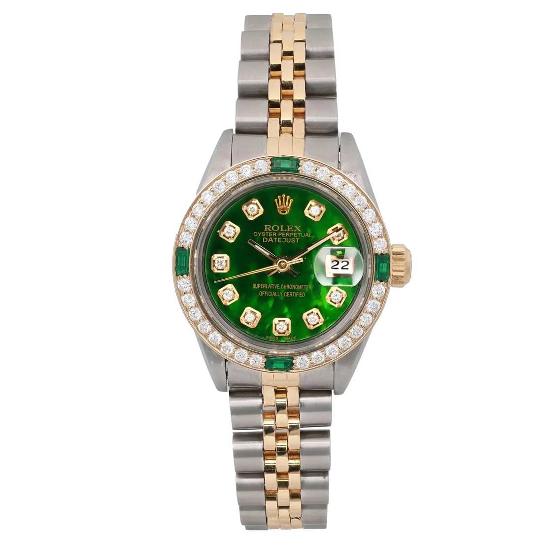 Rolex Datejust 26 MOP Diamond Dial Automatic Watch 69173 Luxury: Rolex Datejust 26 MOP Diamond Dial Automatic Watch 69173 Luxury Experience the luxury of a Rolex Datejust 26, featuring a stunning green mother of pearl (MOP) dial adorned with diamond markers. This
