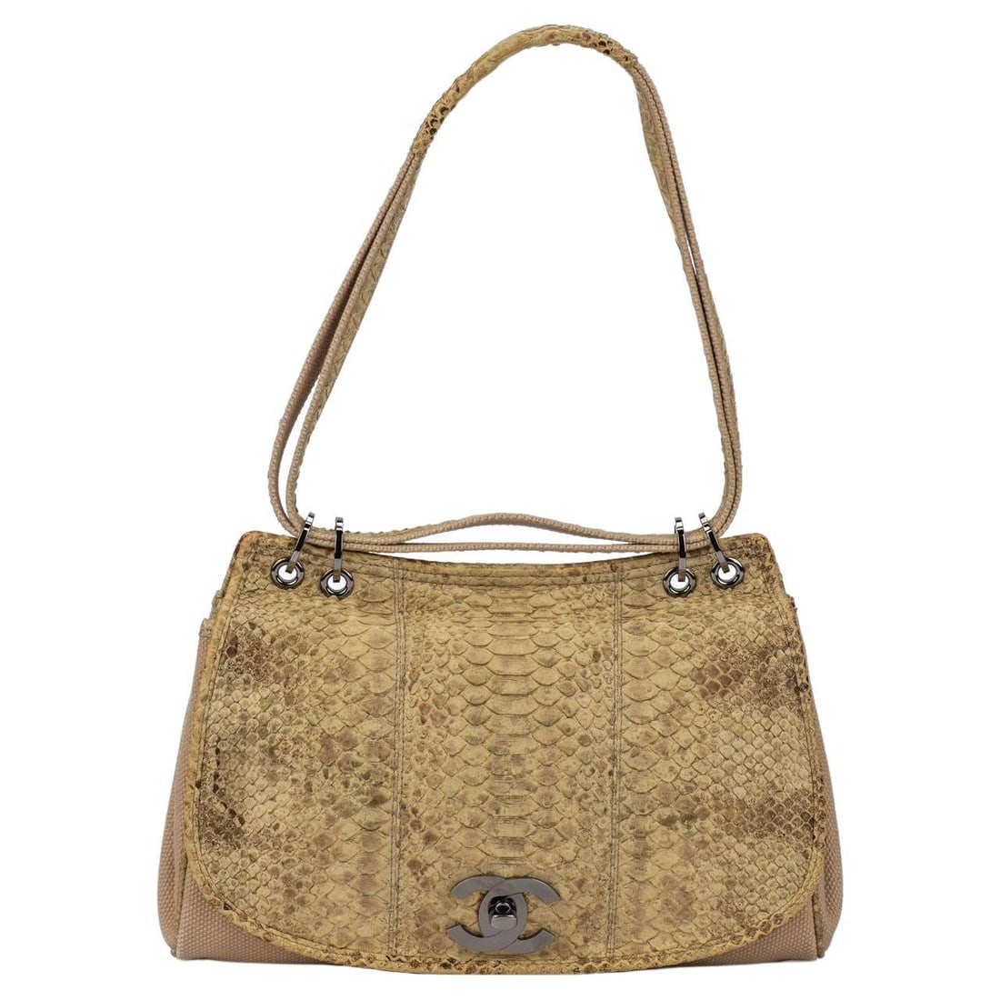 Chanel 2003-2004 Flap Shoulder Bag Python Canvas: Chanel 2003-2004 Flap Shoulder Bag Python Canvas Elevate your accessory collection with this Chanel Flap Shoulder Bag, a stunning piece from the brand's 2003-2004 Collection. This exquisite bag is cra