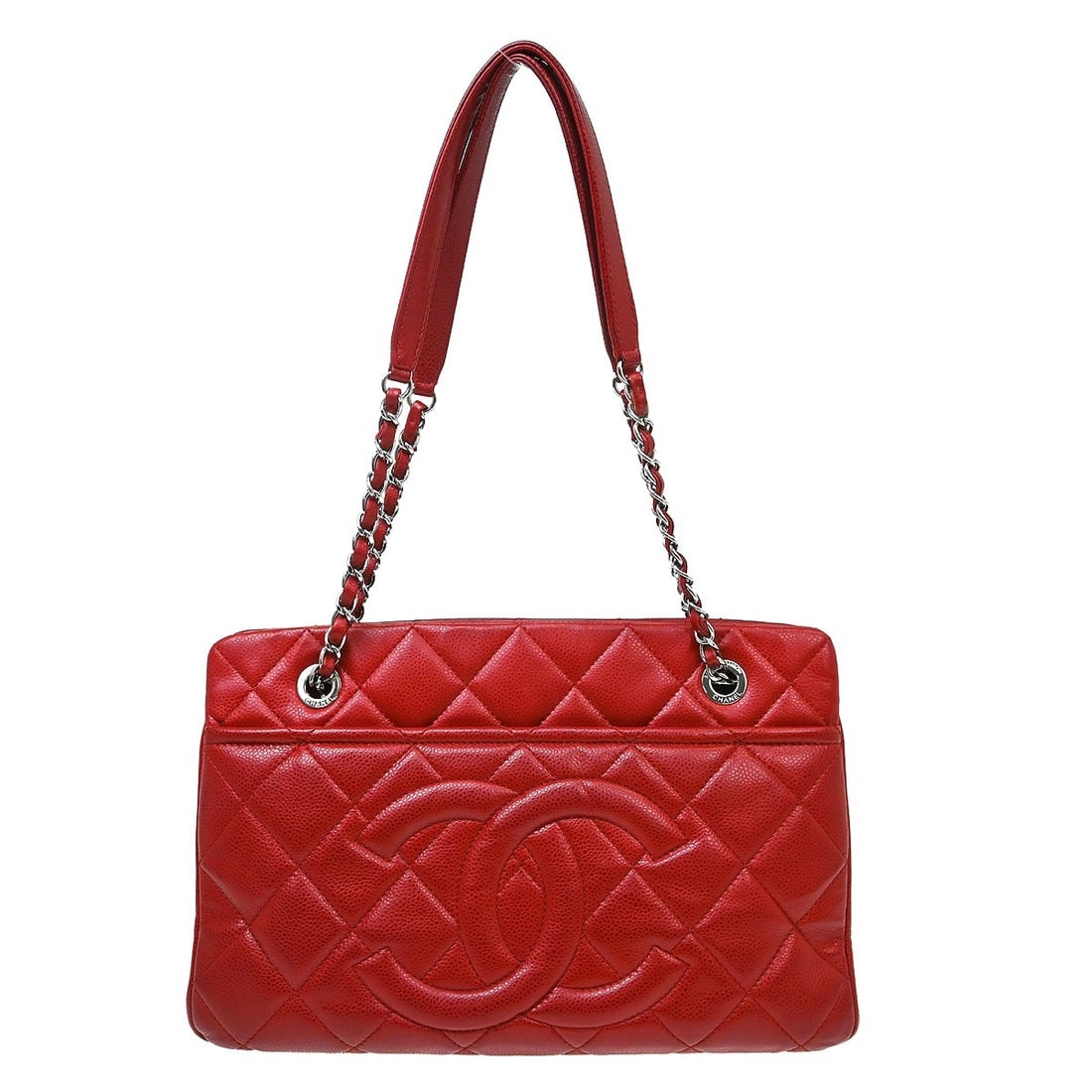 CHANEL Chain Hand Tote Bag Red Caviar Leather Quilted Tote: CHANEL Chain Hand Tote Bag Red Caviar Leather Quilted Tote Chanel tote handbag in red caviar skin leather with quilted detailing and chain straps. This medium tote features a zip closure, beige canvas