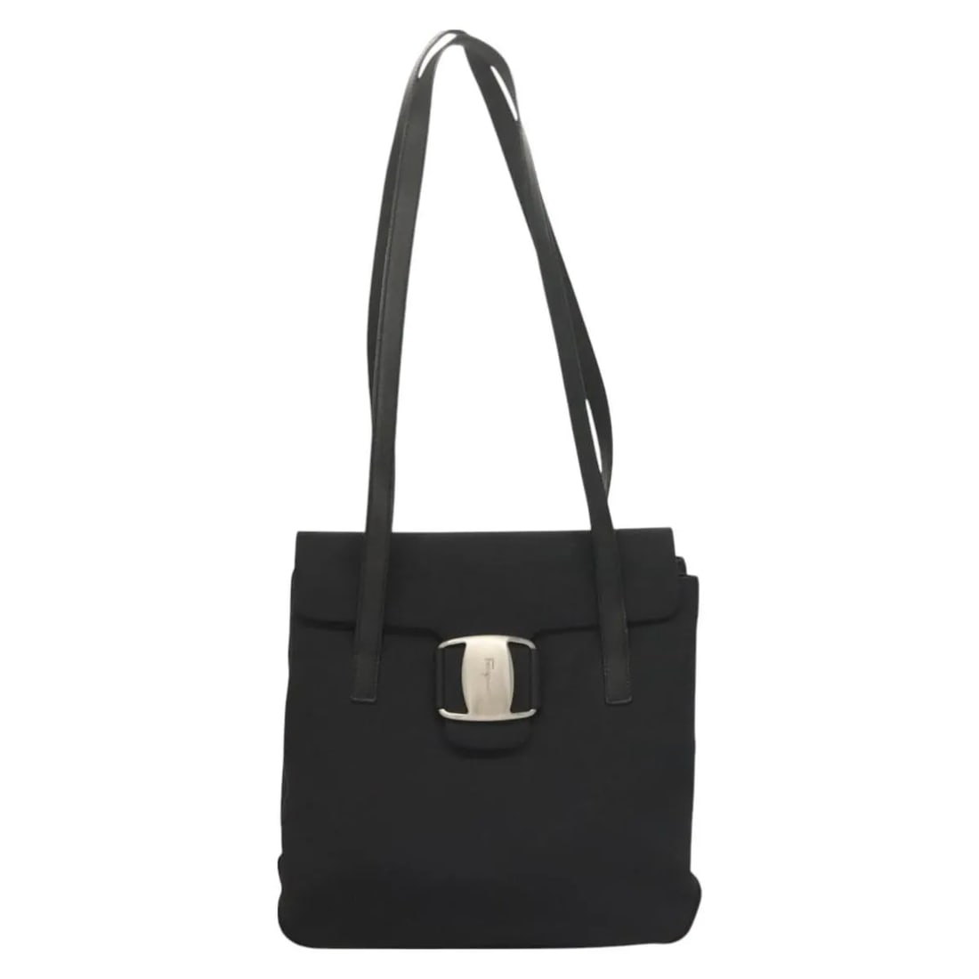 Salvatore Ferragamo Vala black canvas shoulder bag: Salvatore Ferragamo Vala black canvas shoulder bag This Salvatore Ferragamo Vala Shoulder Bag is crafted from black canvas and features a feminine design. The bag shows signs of use, including rubbing