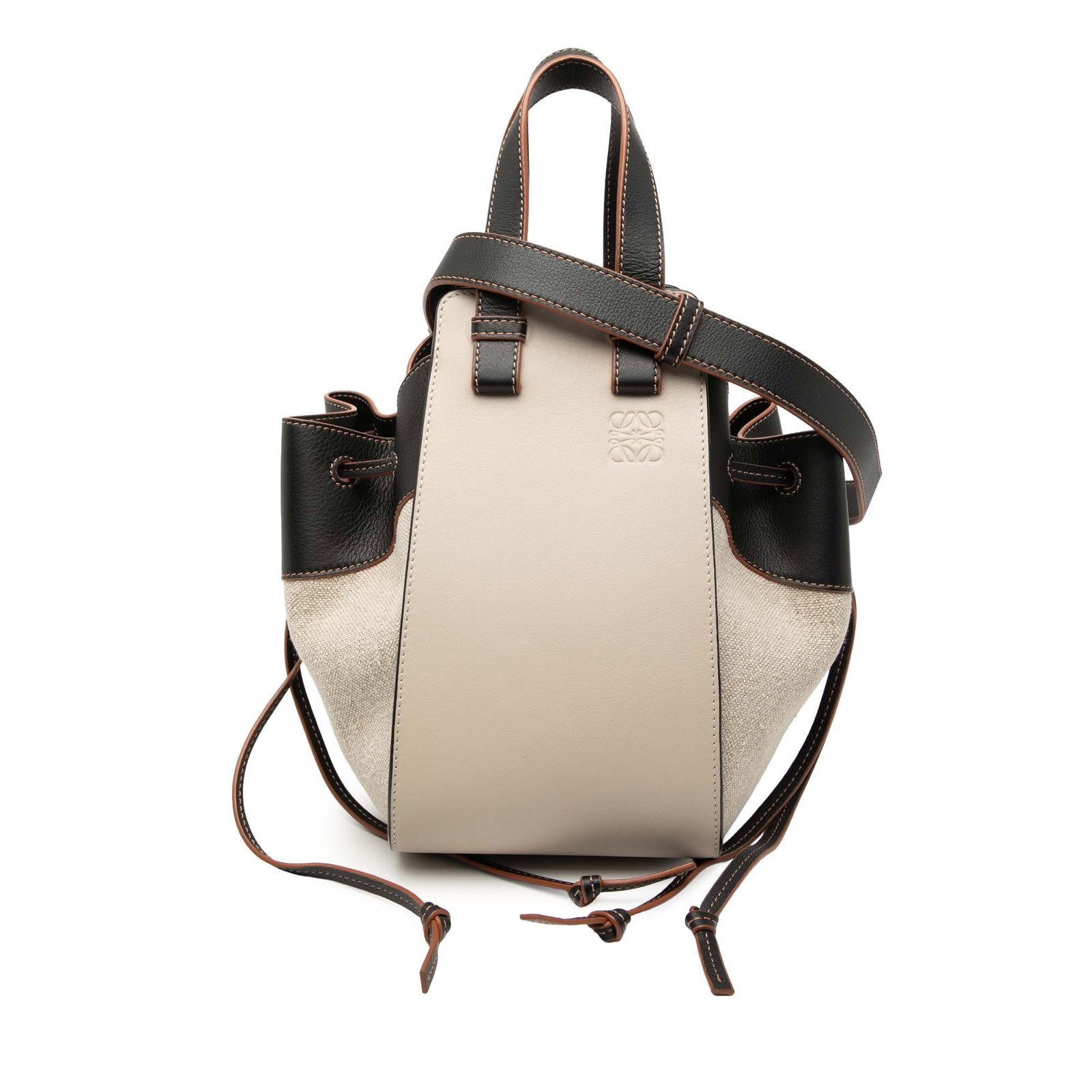 Loewe Hammock Small Satchel in Leather and Canvas Beige: Loewe Hammock Small Satchel in Leather and Canvas Beige This LOEWE Small Hammock Bag is crafted from leather and canvas in beige and features side zip details, flat leather handles, a detachable flat 