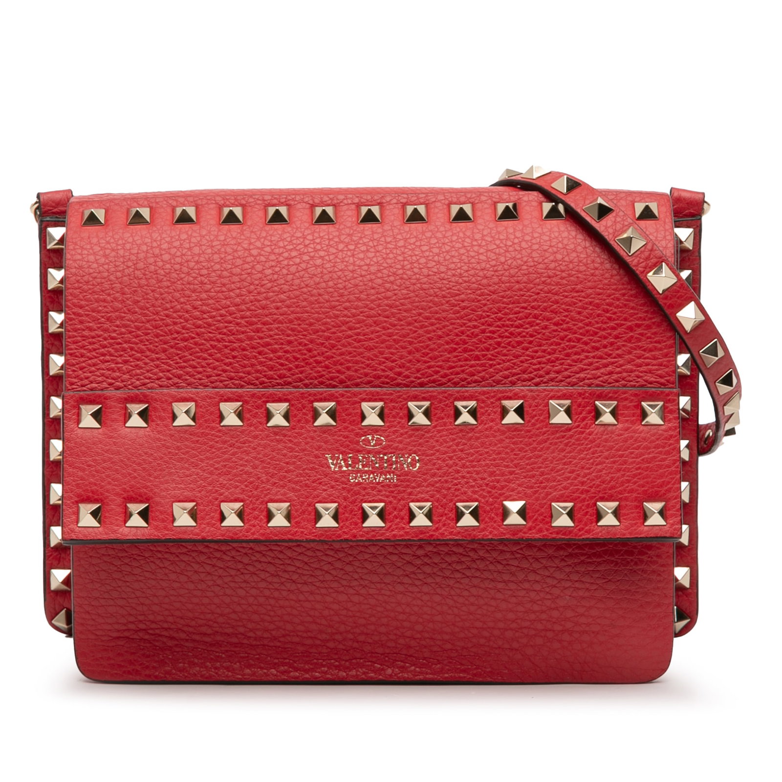 Valentino Red Small Grained Calfskin Rockstud Crossbody Bag: Valentino Red Small Grained Calfskin Rockstud Crossbody Bag Elevate your accessory collection with the Valentino Small Grained Calfskin Rockstud Crossbody. This striking bag showcases a luxurious leat