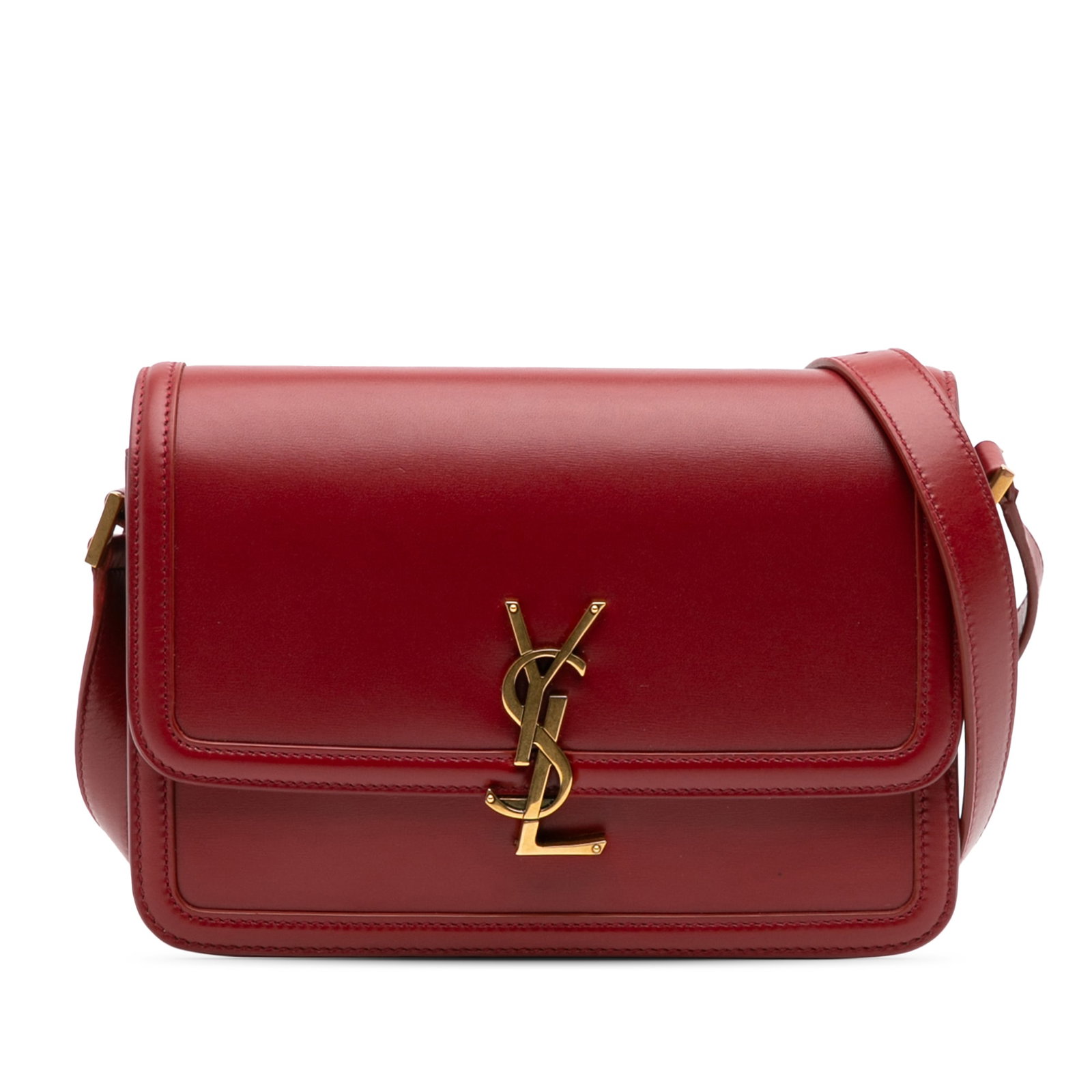 Saint Laurent Medium Red Calfskin Solferino Satchel with Strap: Saint Laurent Medium Red Calfskin Solferino Satchel with Strap The Saint Laurent Medium Calfskin Solferino Satchel showcases a sophisticated leather body with a striking red hue. This stylish bag feat