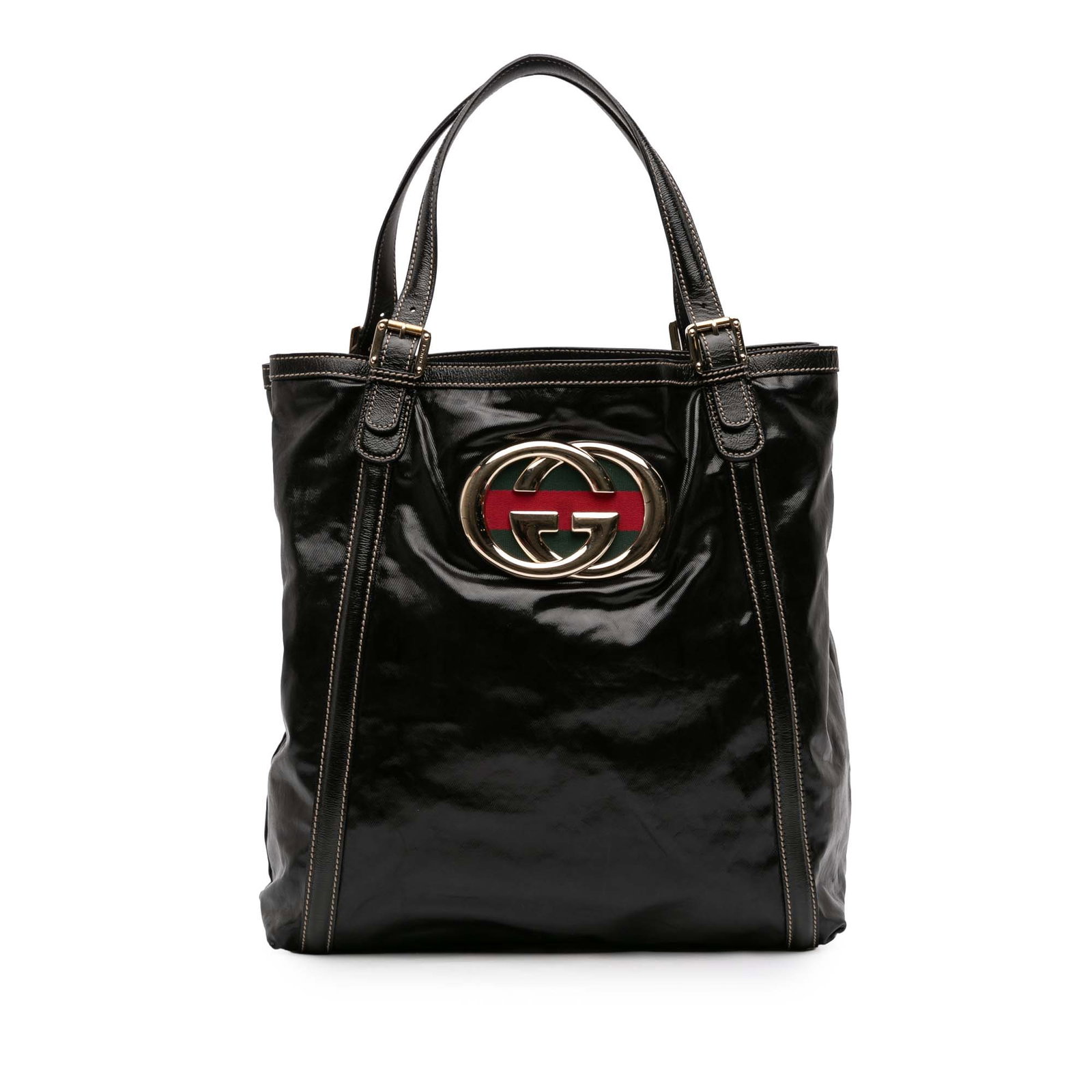 Gucci Britt Tote Patent Leather Web Detail Black Handbag: Gucci Britt Tote Patent Leather Web Detail Black Handbag This Gucci Patent Dialux Britt Web Tote features a patent leather body accented with signature web details and adjustable flat leather straps. 