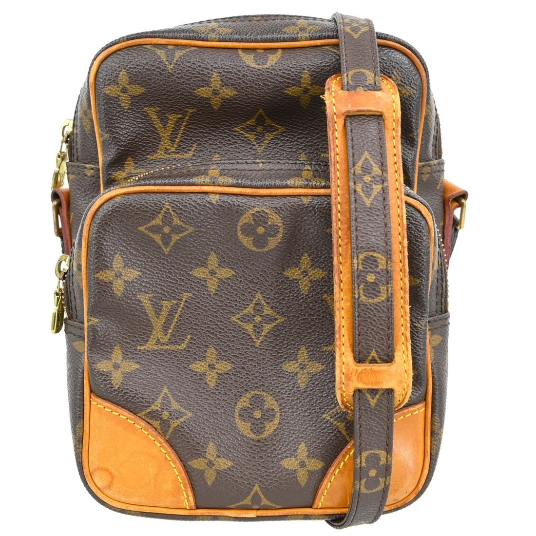 Louis Vuitton Amazone Monogram Crossbody Bag M45236 SD0021: Louis Vuitton Amazone Monogram Crossbody Bag M45236 SD0021 Vintage Louis Vuitton Amazon shoulder bag in brown Monogram canvas and leather with a zip closure and crossbody strap. The bag shows reasonab