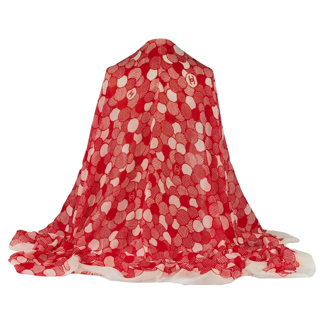Chanel Red White Camellia Cashmere Shawl 52 x 78 Inches: Chanel Red White Camellia Cashmere Shawl 52 x 78 Inches Introducing an exquisite Chanel camellia shawl, showcasing a stunning combination of white and red colors. Crafted from luxurious cashmere, this