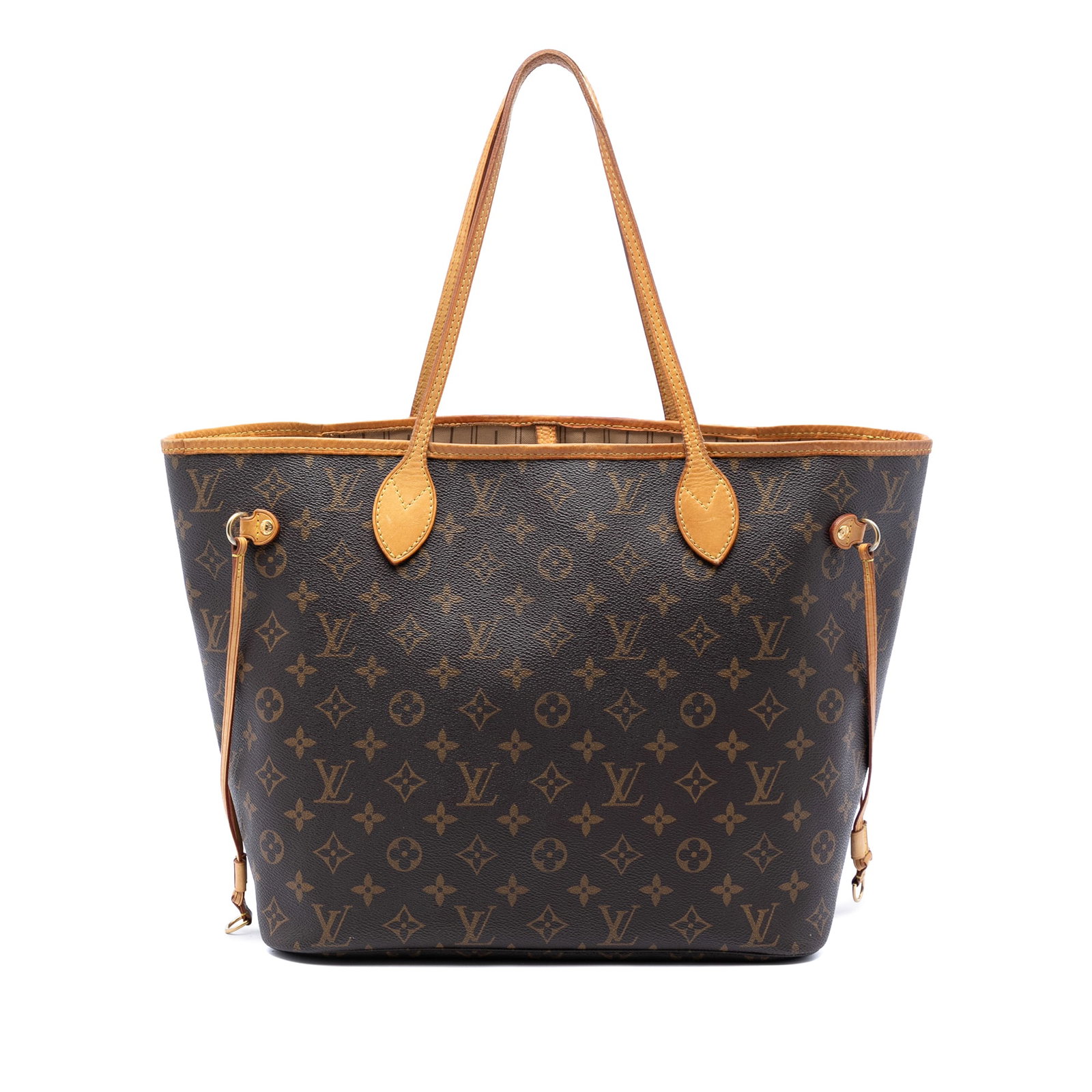 Louis Vuitton Neverfull MM monogram canvas tote: Louis Vuitton Neverfull MM monogram canvas tote This Louis Vuitton Monogram Neverfull MM features the iconic monogram canvas body with vachetta leather trim and flat vachetta leather handles. It is de