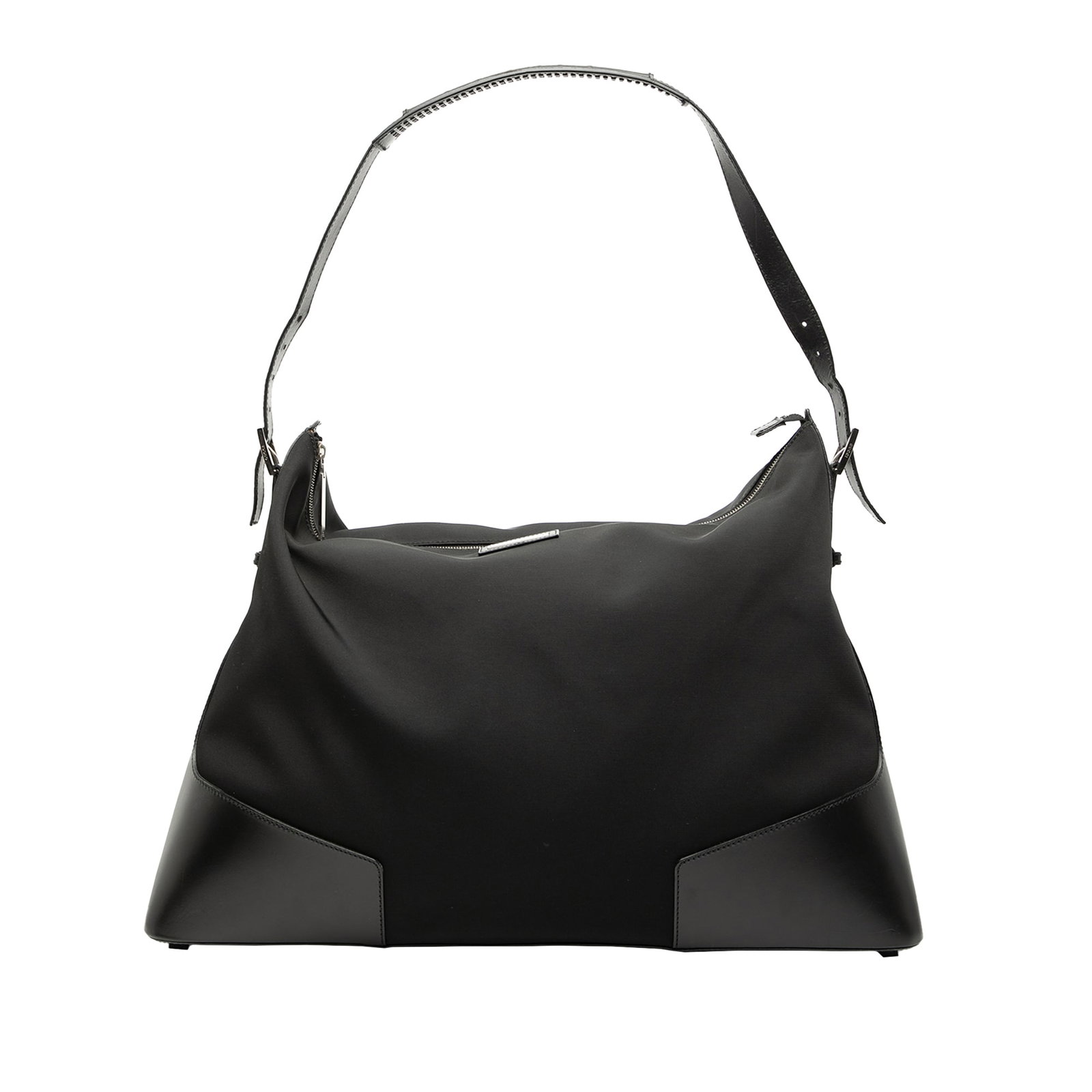Gucci Black Nylon Shoulder Bag with Leather Trim: Gucci Black Nylon Shoulder Bag with Leather Trim This Gucci shoulder bag features a nylon body with leather trim, an adjustable flat leather strap, a top zip closure, and an interior zip pocket. The b